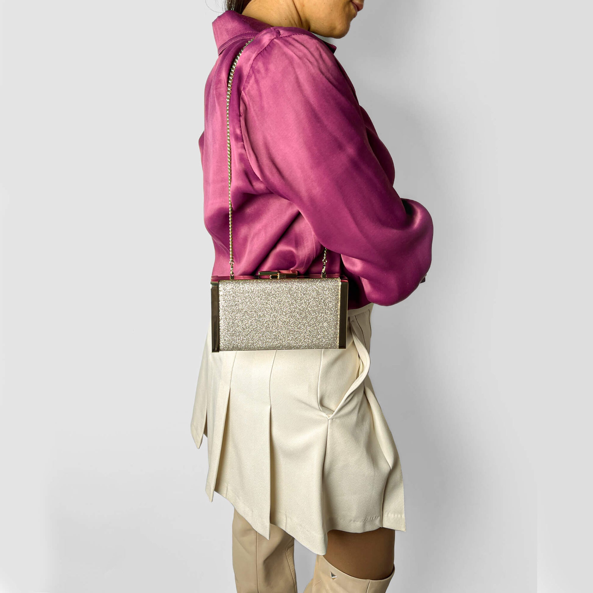 Second hand Jimmy Choo J Box Dusty Glitter Texture Metal Clutch Ice - Tabita Bags