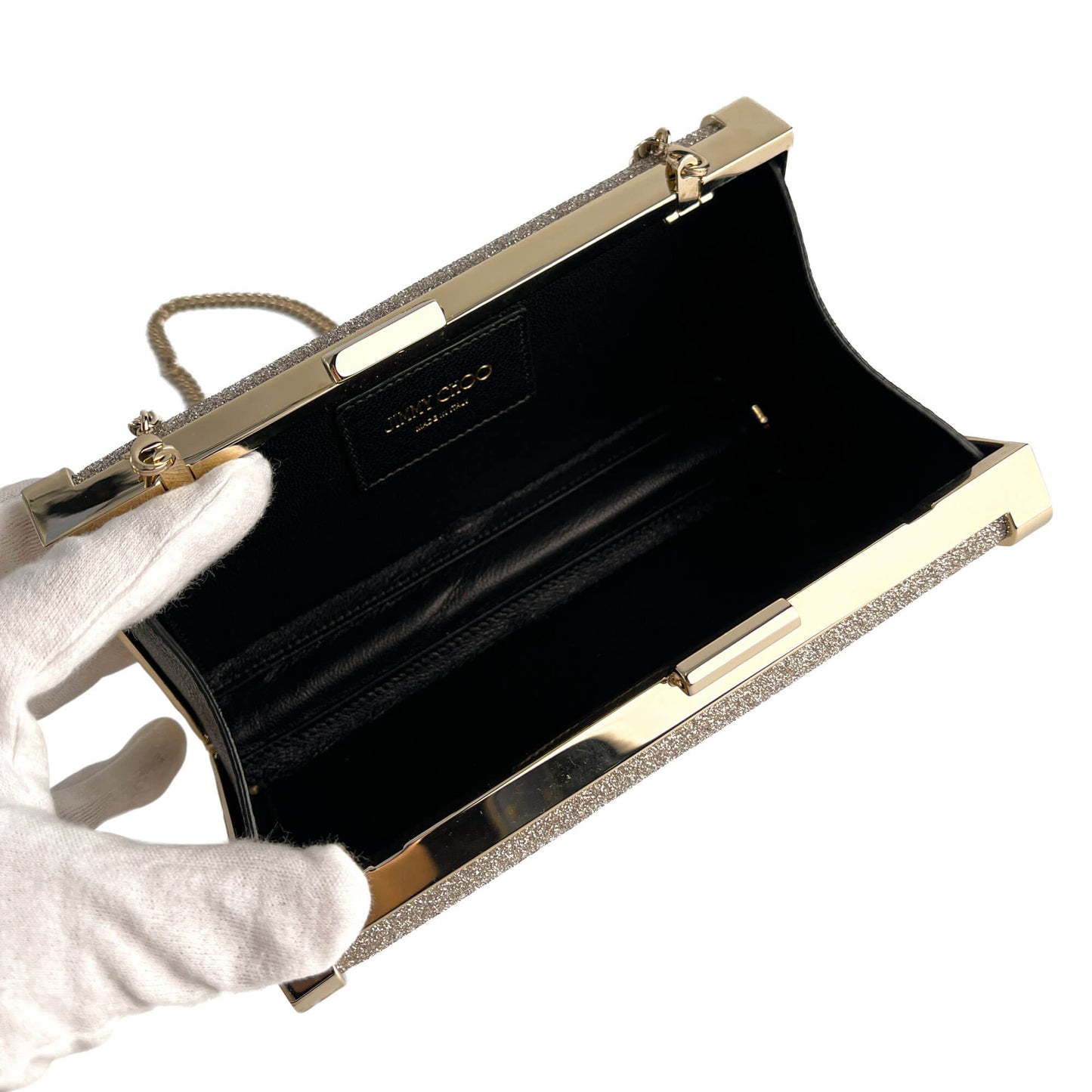 Second hand Jimmy Choo J Box Dusty Glitter Texture Metal Clutch Ice - Tabita Bags