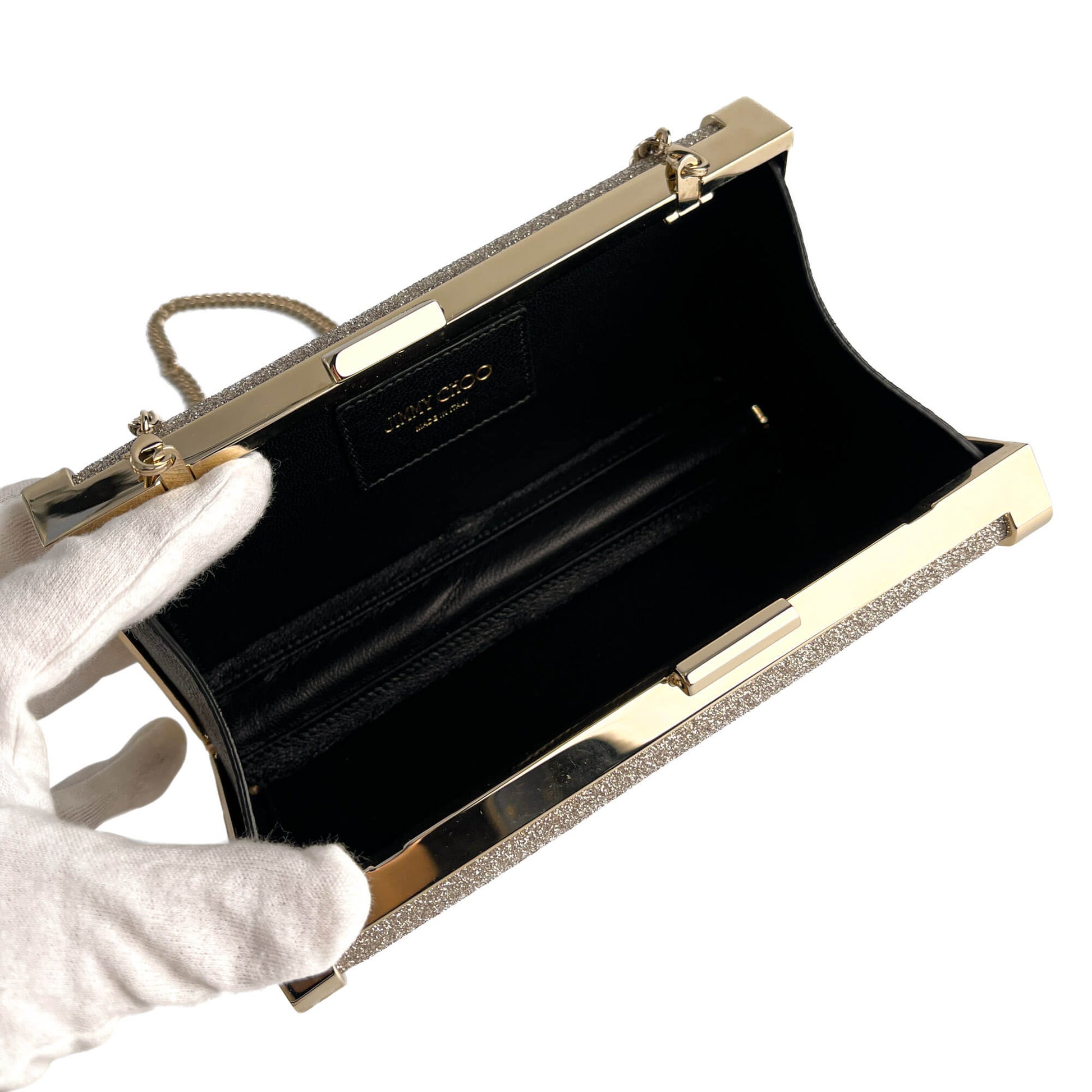 Second hand Jimmy Choo J Box Dusty Glitter Texture Metal Clutch Ice - Tabita Bags