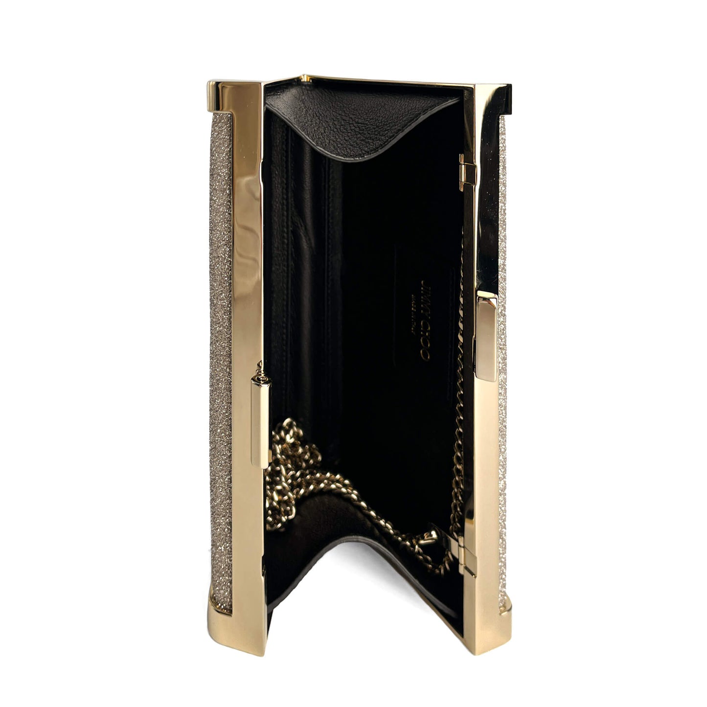 Second hand Jimmy Choo J Box Dusty Glitter Texture Metal Clutch Ice - Tabita Bags