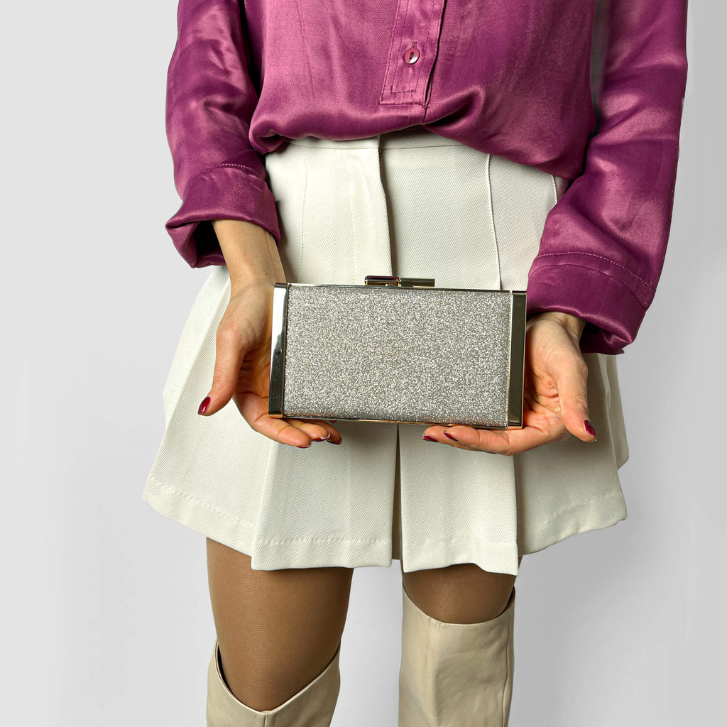 Second hand Jimmy Choo J Box Dusty Glitter Texture Metal Clutch Ice - Tabita Bags
