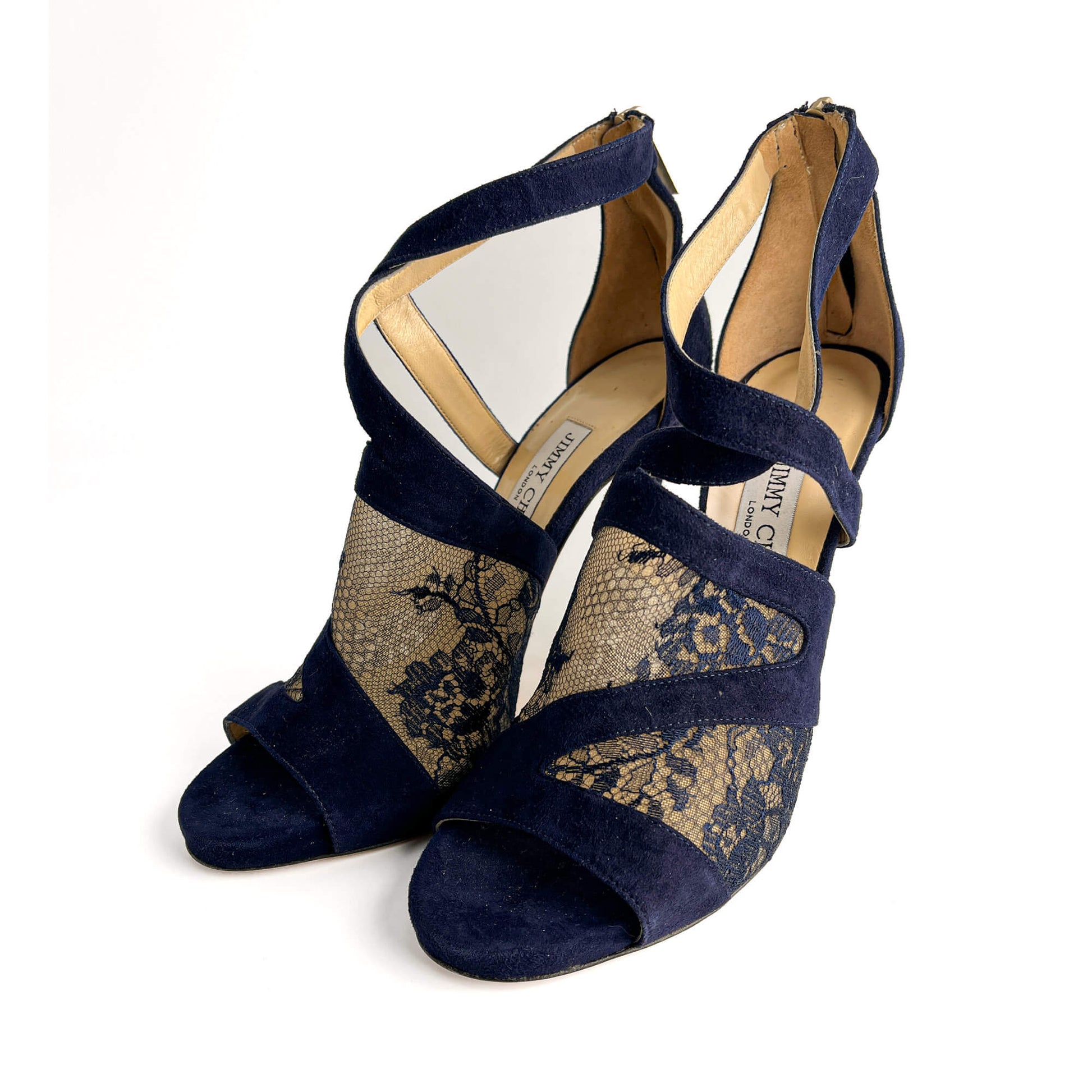 Second hand Jimmy Choo Vantage 10 CM Velvet & Lace Sandals 40 Blue - Tabita Bags