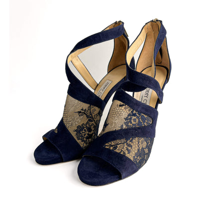 Second hand Jimmy Choo Vantage 10 CM Velvet & Lace Sandals 40 Blue - Tabita Bags