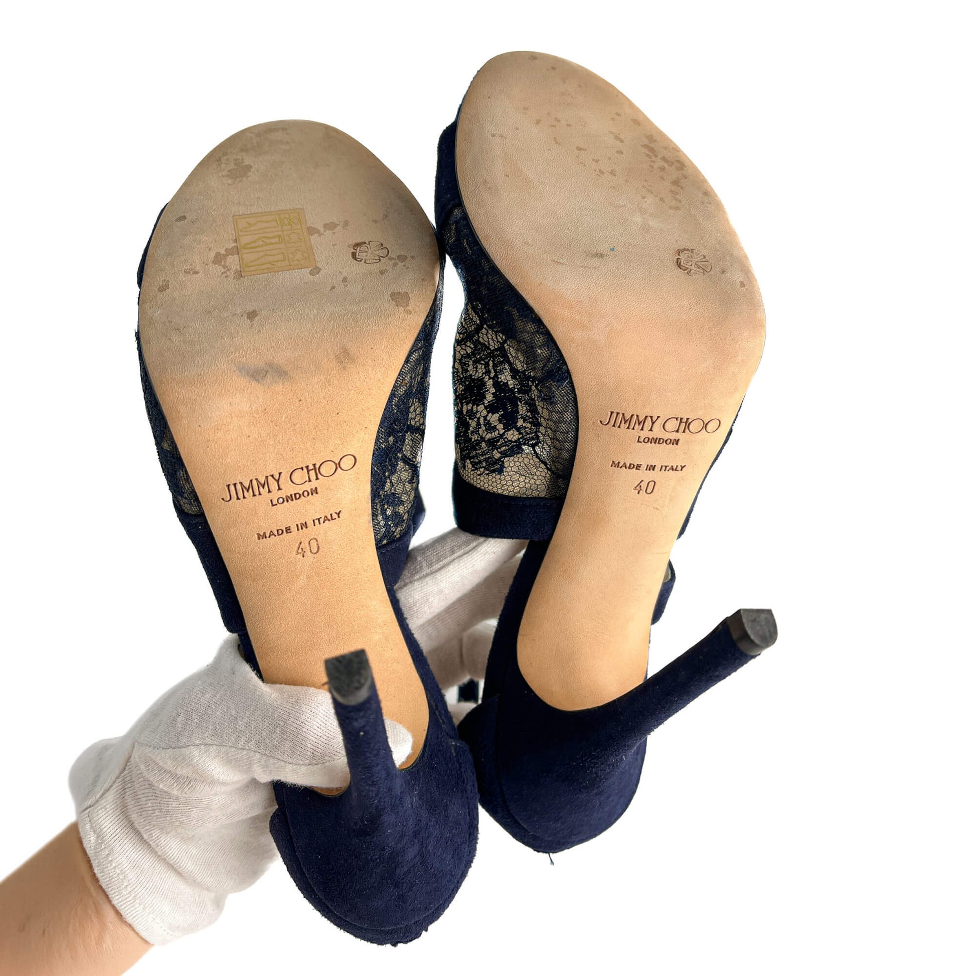 Second hand Jimmy Choo Vantage 10 CM Velvet & Lace Sandals 40 Blue - Tabita Bags