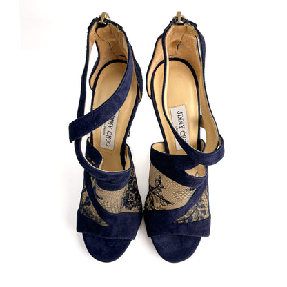 Second hand Jimmy Choo Vantage 10 CM Velvet & Lace Sandals 40 Blue - Tabita Bags