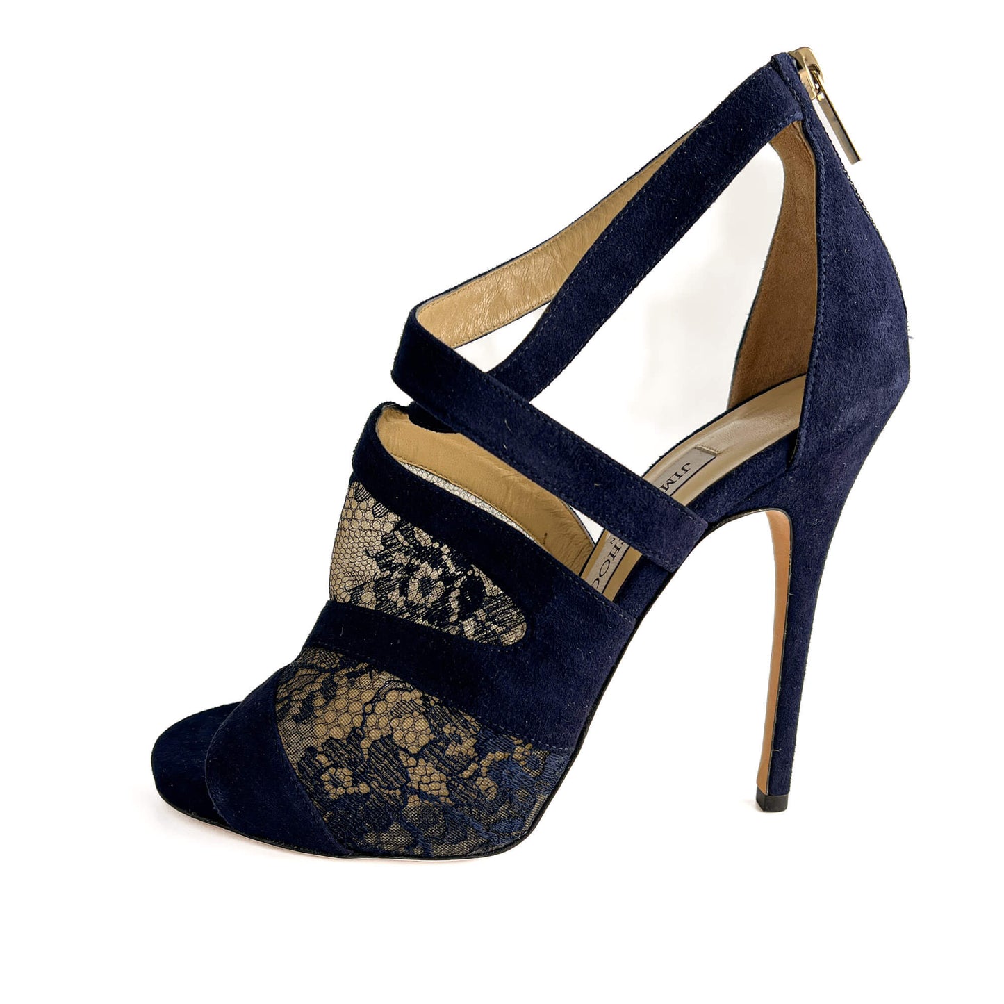 Second hand Jimmy Choo Vantage 10 CM Velvet & Lace Sandals 40 Blue - Tabita Bags