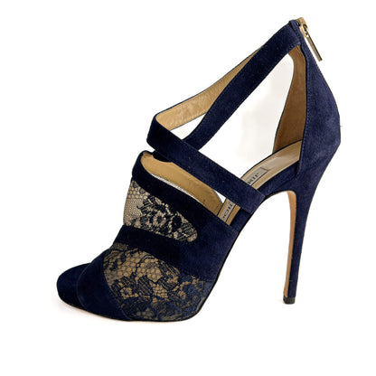 Second hand Jimmy Choo Vantage 10 CM Velvet & Lace Sandals 40 Blue - Tabita Bags