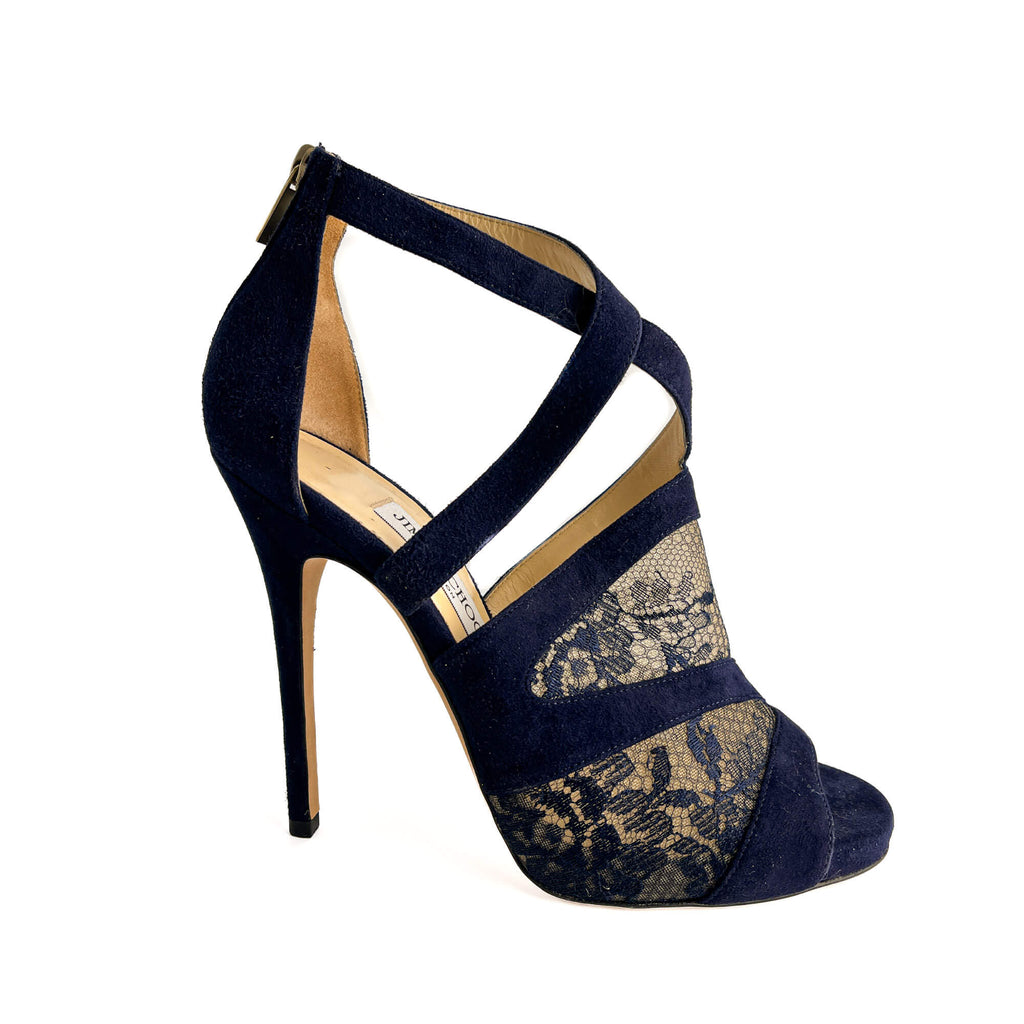 Second hand Jimmy Choo Vantage 10 CM Velvet & Lace Sandals 40 Blue - Tabita Bags