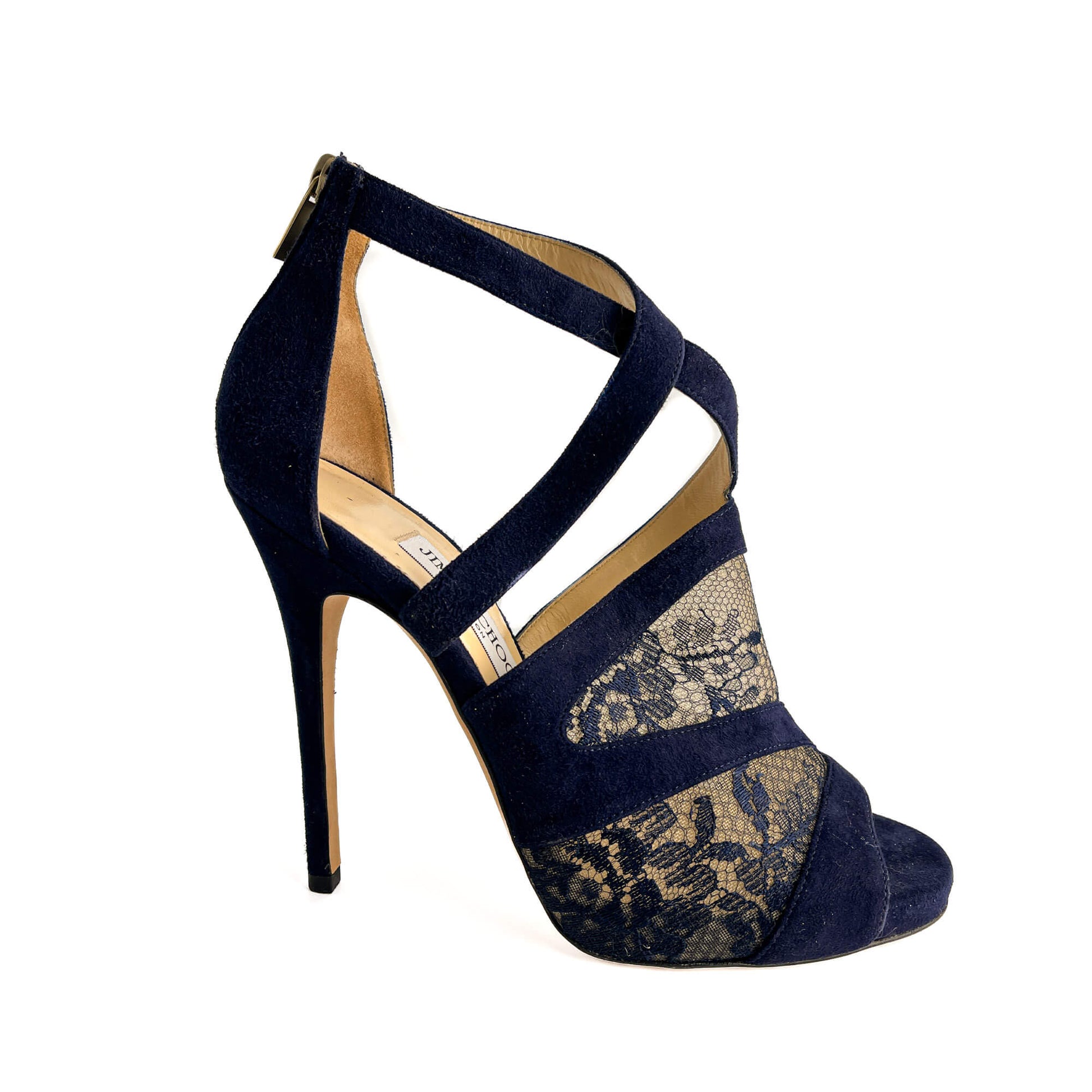 Second hand Jimmy Choo Vantage 10 CM Velvet & Lace Sandals 40 Blue - Tabita Bags