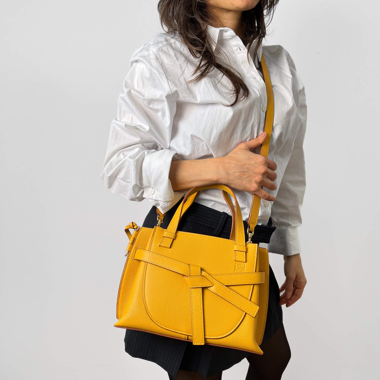 Second hand Loewe Gate Mini Top - Handle Grained Calfskin Leather 2 - Ways Tote Bag Yellow - Tabita Bags