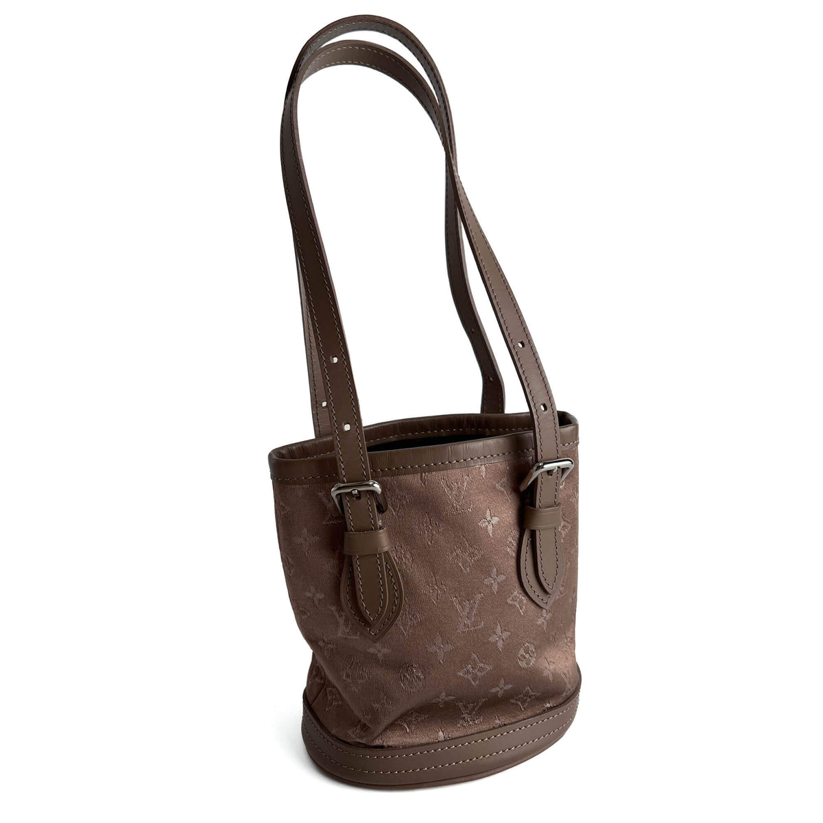Second hand Louis Vuitton Bucket Mini Satin & Leather Bucket Handbag Taupe - Tabita Bags