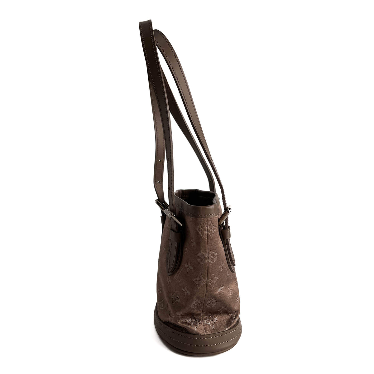 Second hand Louis Vuitton Bucket Mini Satin & Leather Bucket Handbag Taupe - Tabita Bags