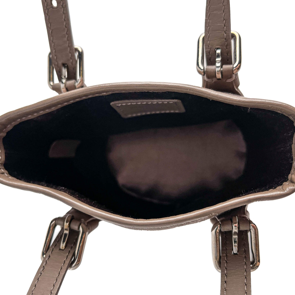 Second hand Louis Vuitton Bucket Mini Satin & Leather Bucket Handbag Taupe - Tabita Bags