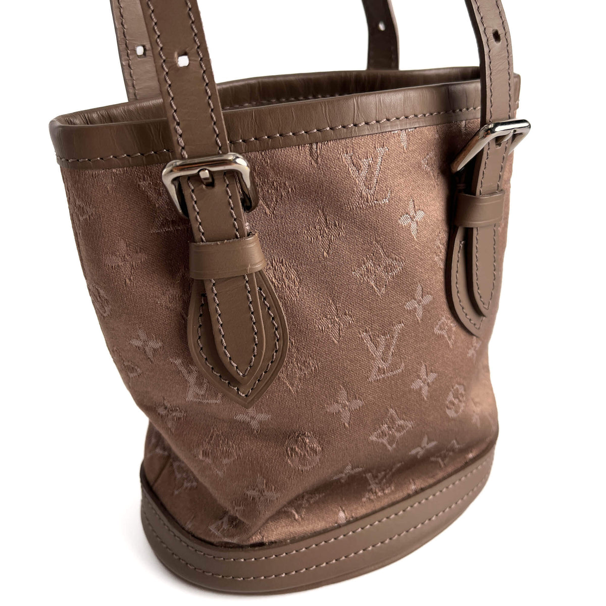 Second hand Louis Vuitton Bucket Mini Satin & Leather Bucket Handbag Taupe - Tabita Bags
