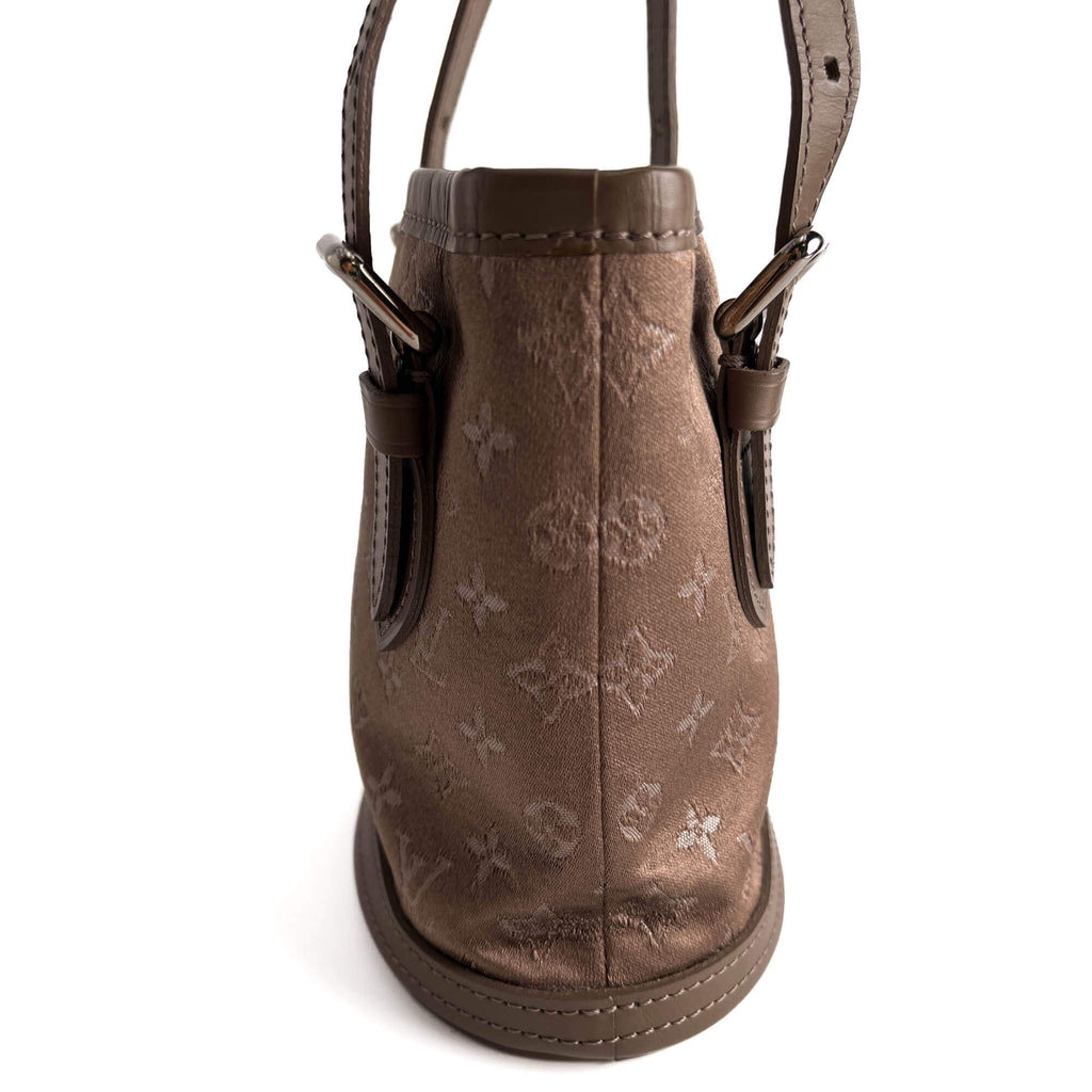 Second hand Louis Vuitton Bucket Mini Satin & Leather Bucket Handbag Taupe - Tabita Bags