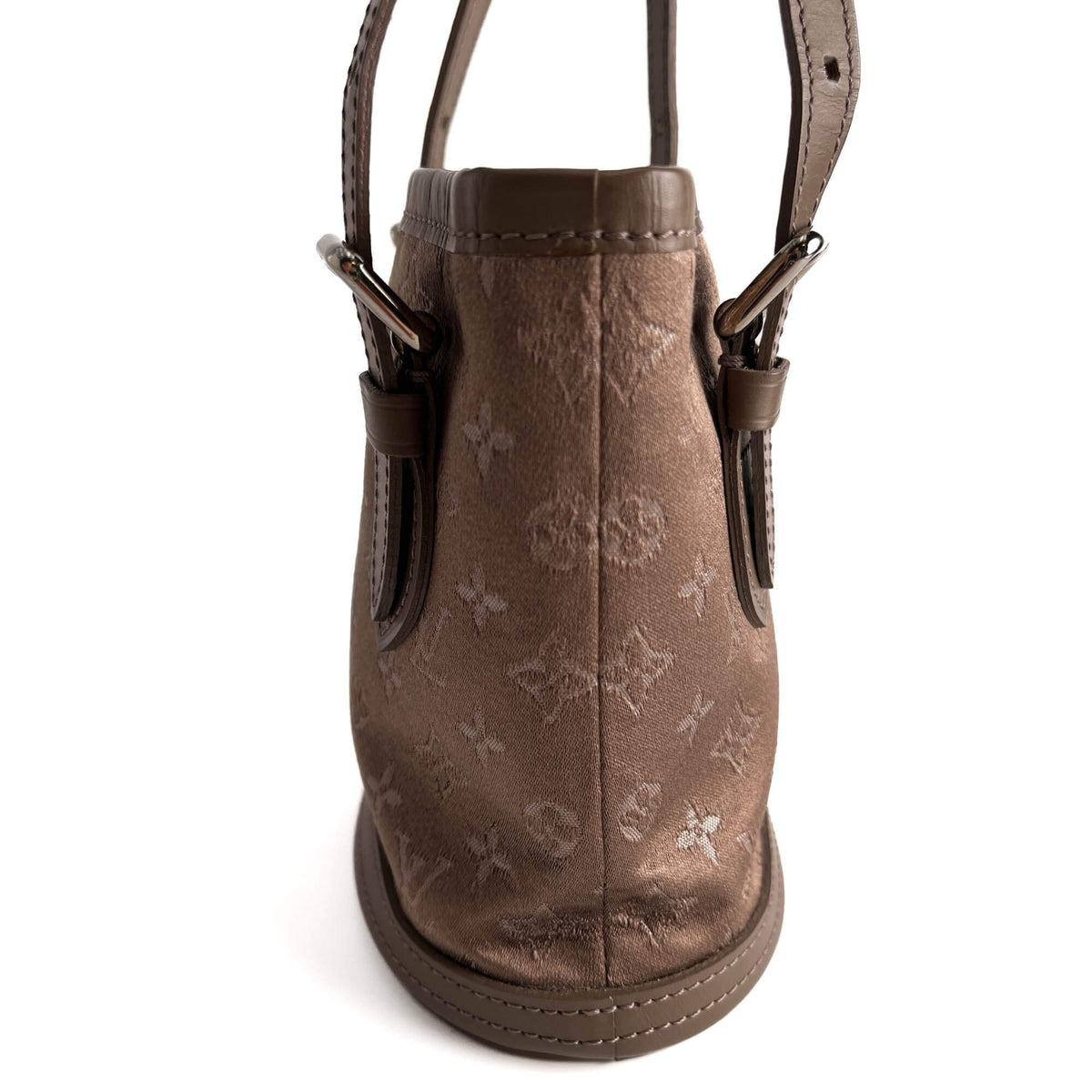 Second hand Louis Vuitton Bucket Mini Satin & Leather Bucket Handbag Taupe - Tabita Bags