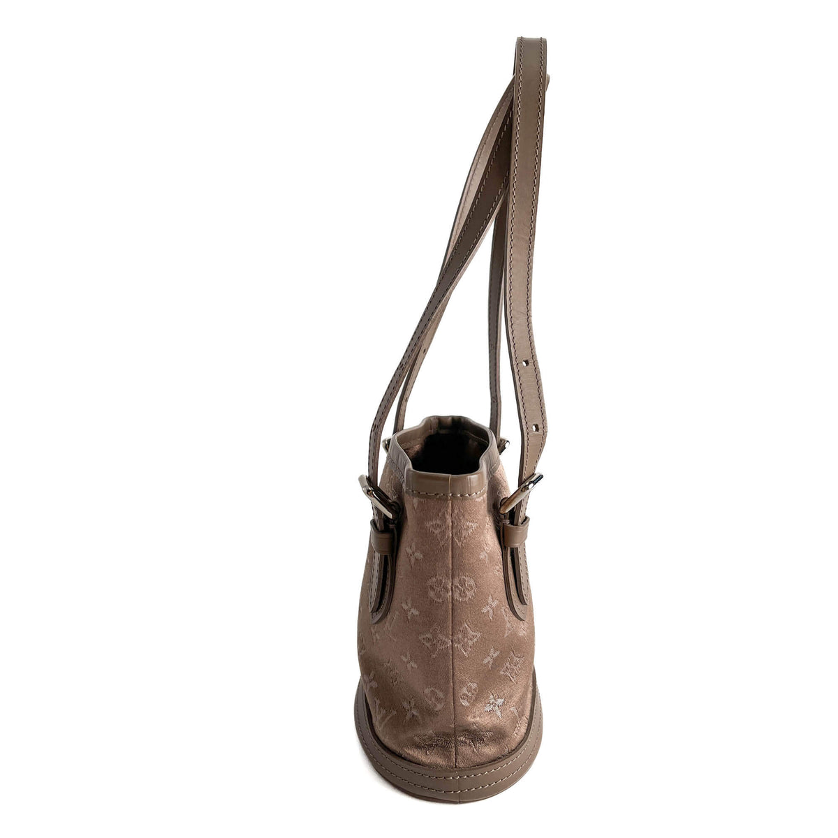 Second hand Louis Vuitton Bucket Mini Satin & Leather Bucket Handbag Taupe - Tabita Bags