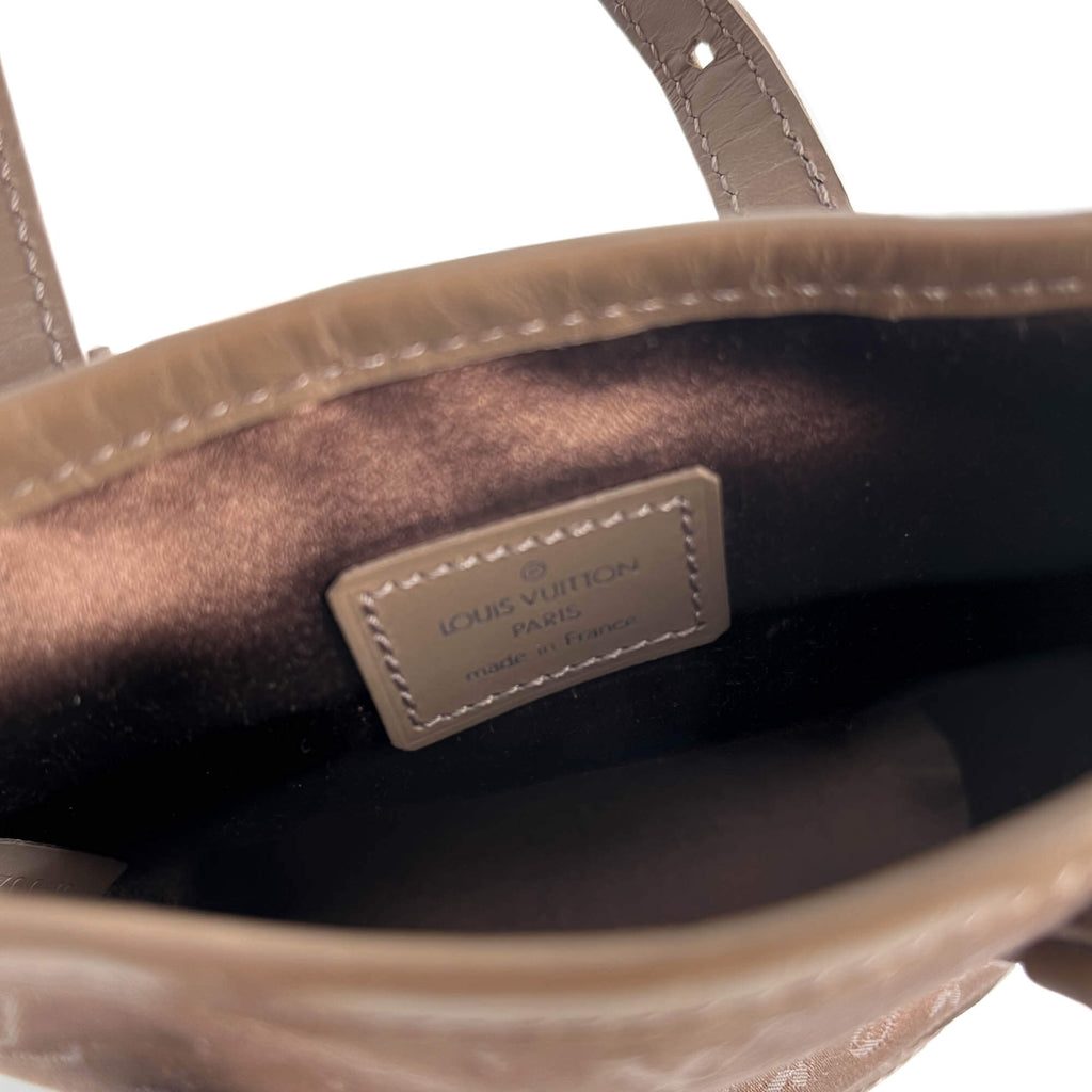 Second hand Louis Vuitton Bucket Mini Satin & Leather Bucket Handbag Taupe - Tabita Bags