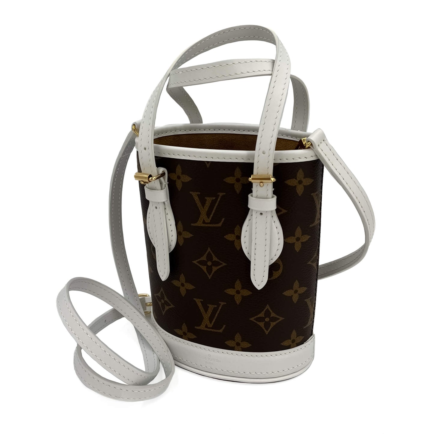 Second hand Louis Vuitton Bucket Nano Match LV White Canvas 2 - Ways Bucket Bag - Tabita Bags