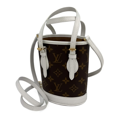 Second hand Louis Vuitton Bucket Nano Match LV White Canvas 2 - Ways Bucket Bag - Tabita Bags