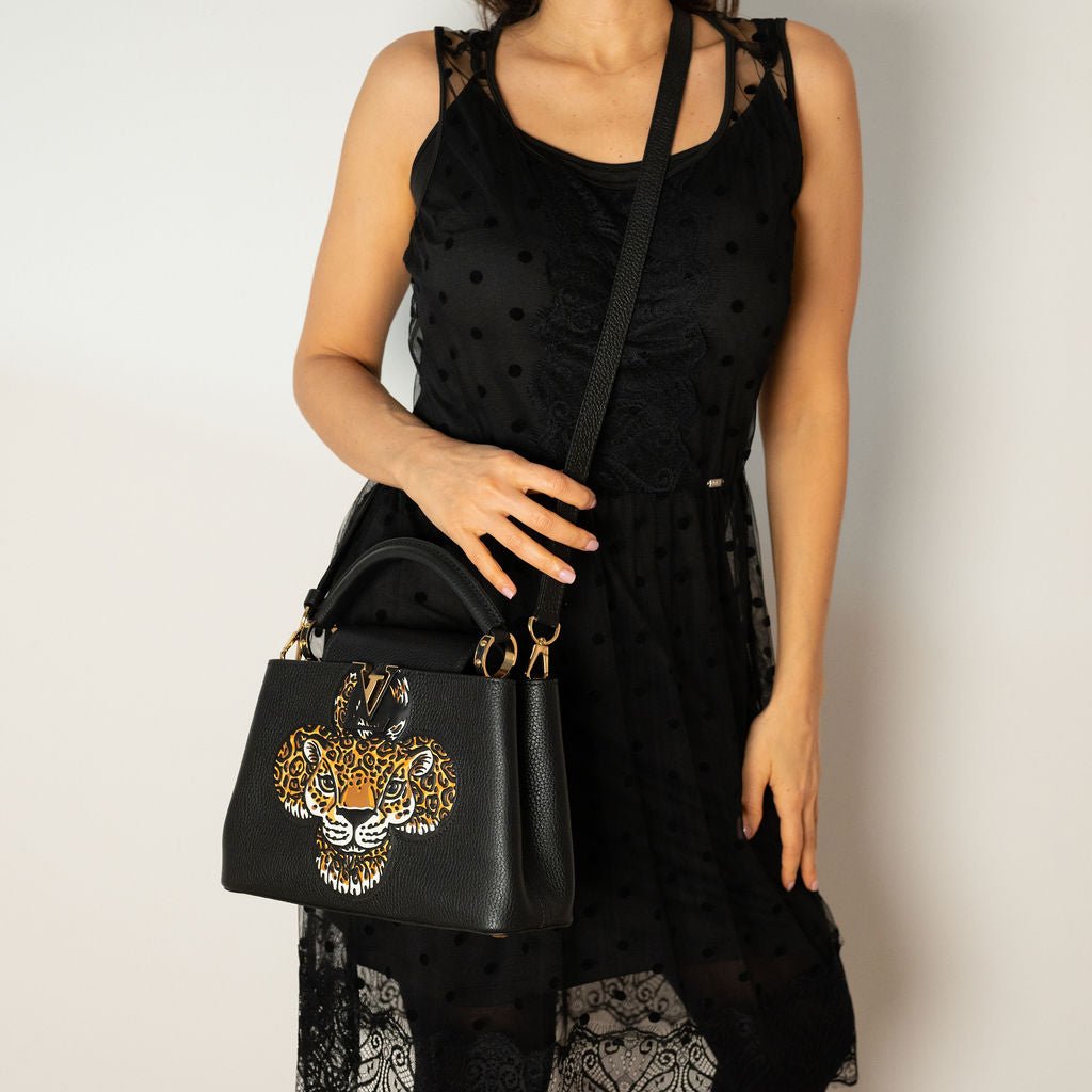 Second hand Louis Vuitton Capucines BB 2way Taurillon Leather Trapped Leopard Black - Tabita Bags