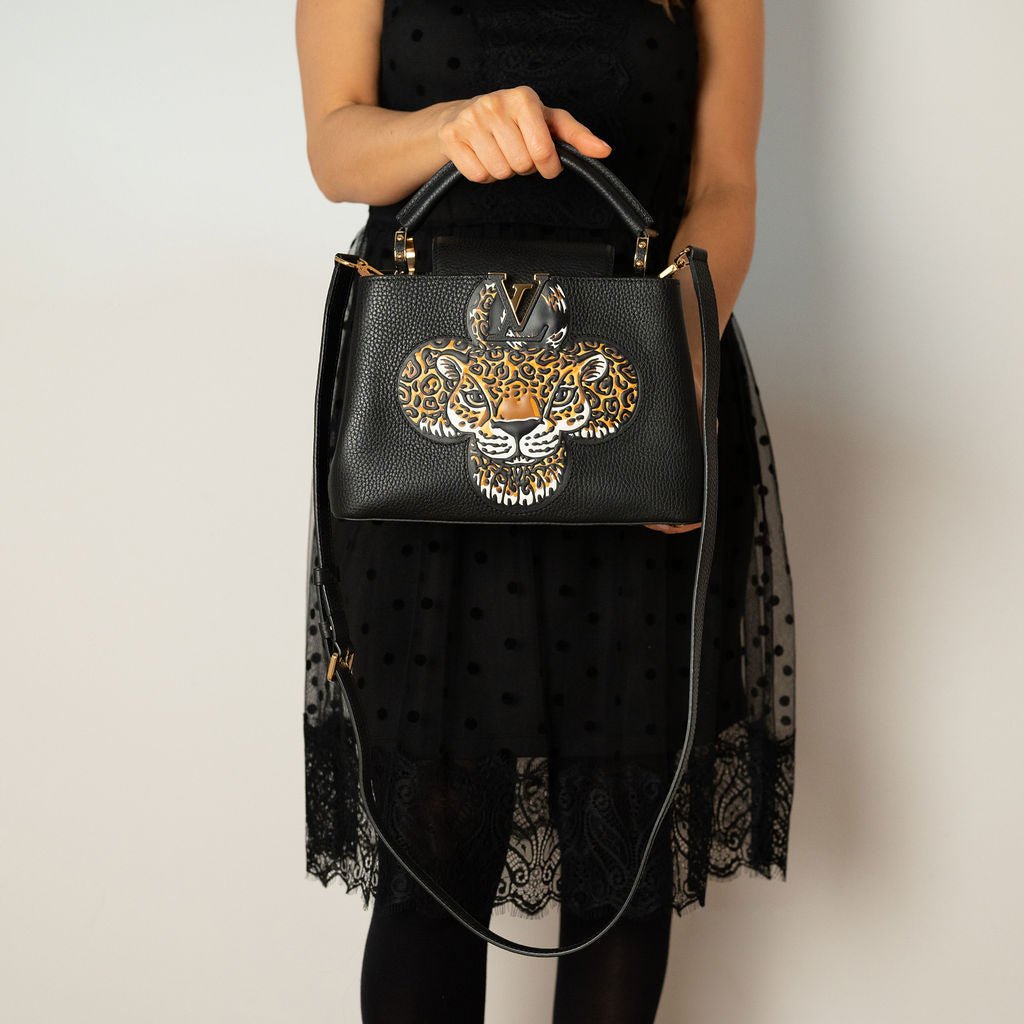 Second hand Louis Vuitton Capucines BB 2way Taurillon Leather Trapped Leopard Black - Tabita Bags