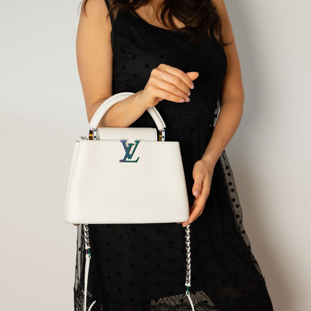 Second hand Louis Vuitton Capucines BB Ruthenium - and palladium - color hardware multicolour Taurillon Leather 2 - Ways Bag Snow - Tabita Bags