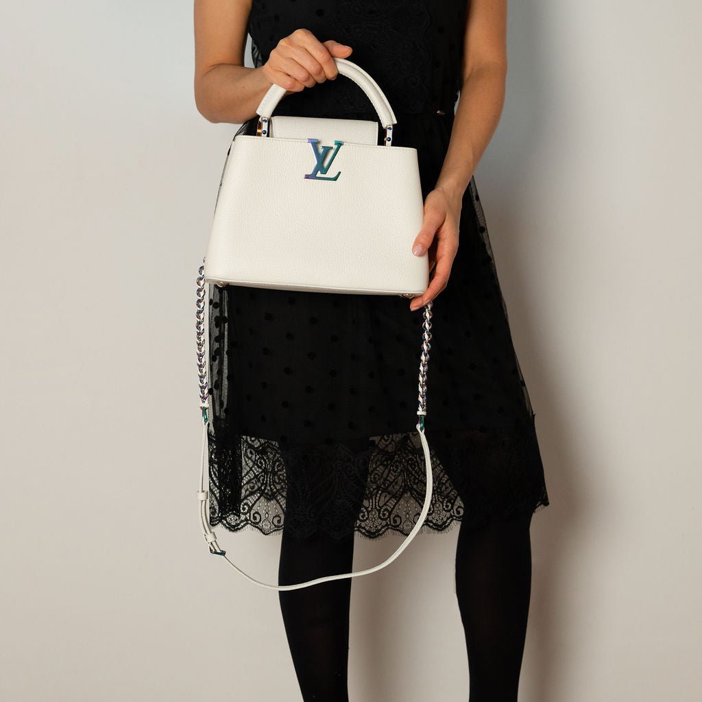 Second hand Louis Vuitton Capucines BB Ruthenium - and palladium - color hardware multicolour Taurillon Leather 2 - Ways Bag Snow - Tabita Bags
