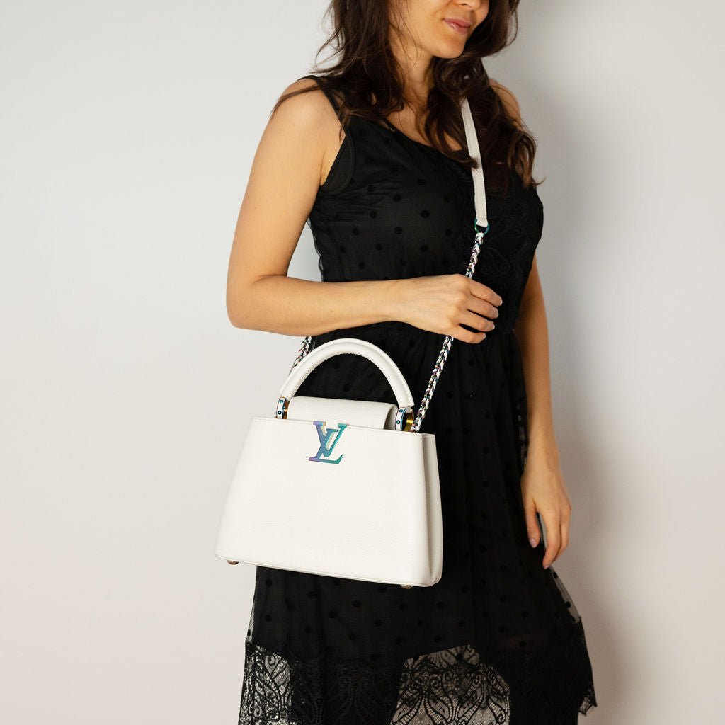 Second hand Louis Vuitton Capucines BB Ruthenium - and palladium - color hardware multicolour Taurillon Leather 2 - Ways Bag Snow - Tabita Bags