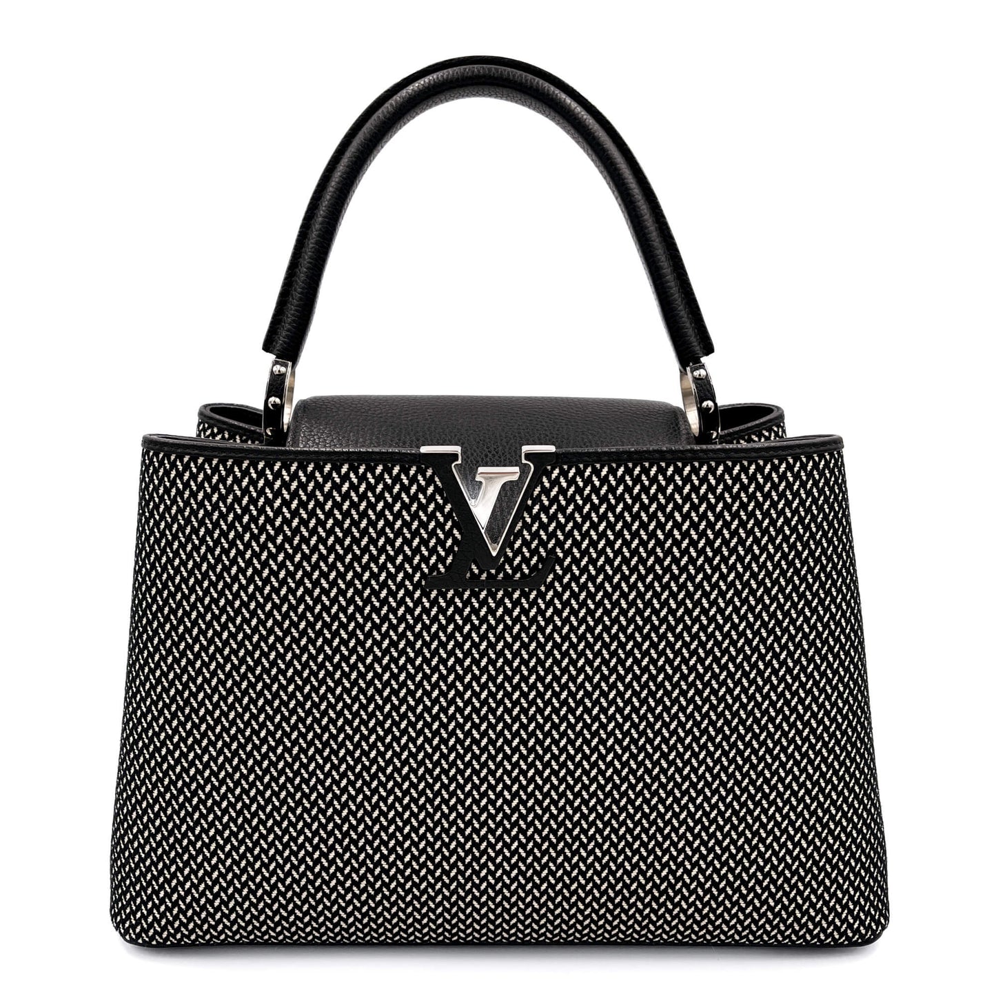 Second hand Louis Vuitton Capucines GM Woven Raffia and Leather Handbag Black & White - Tabita Bags