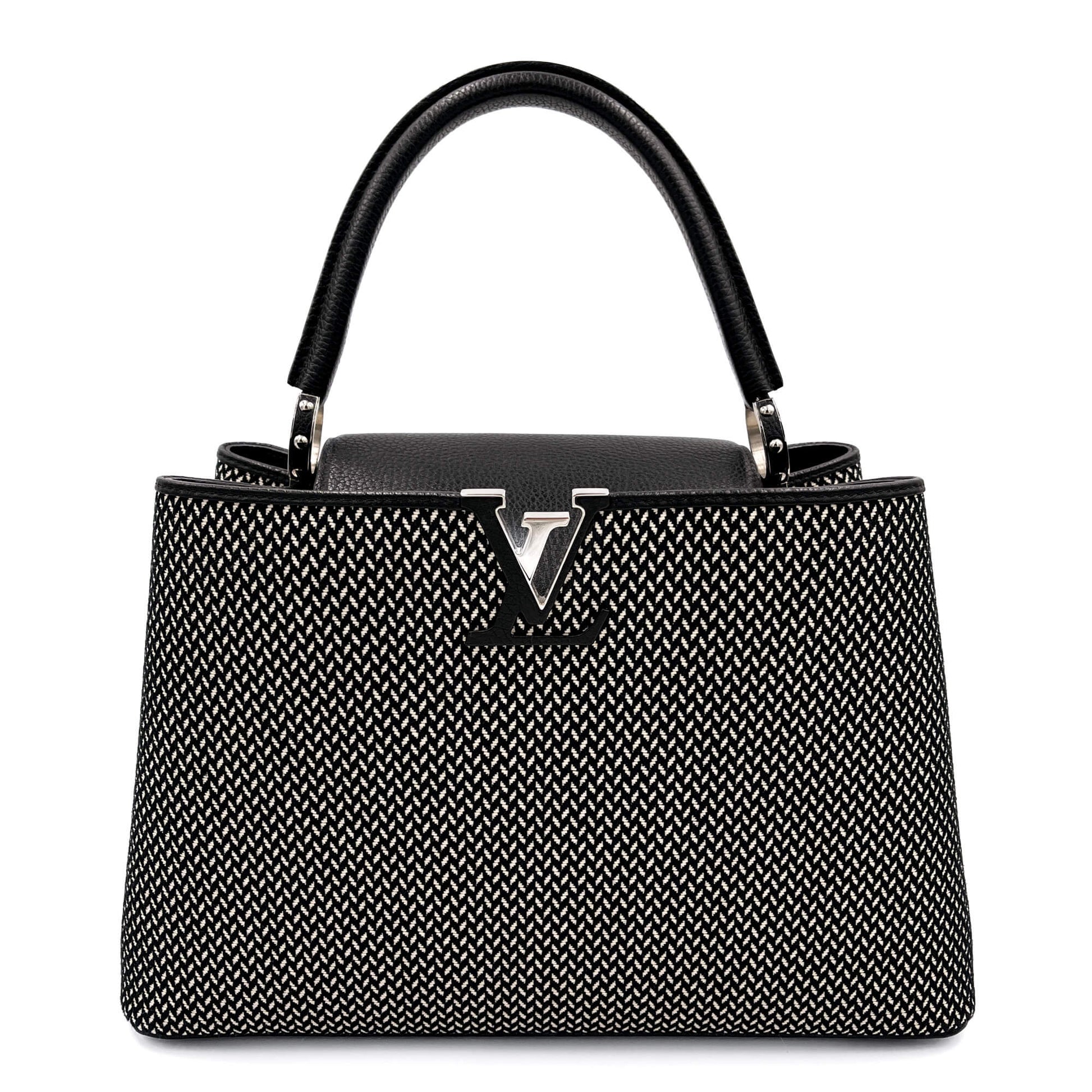 Second hand Louis Vuitton Capucines GM Woven Raffia and Leather Handbag Black & White - Tabita Bags