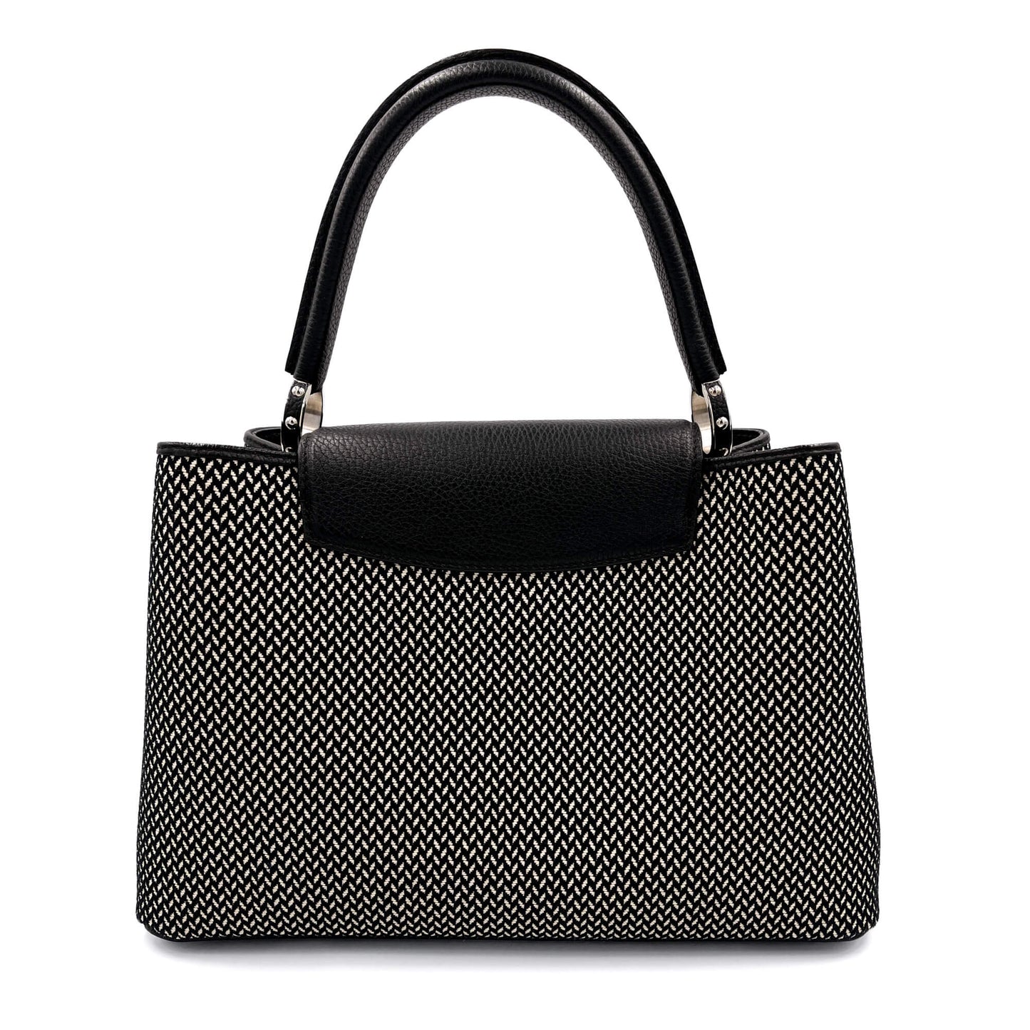 Second hand Louis Vuitton Capucines GM Woven Raffia and Leather Handbag Black & White - Tabita Bags