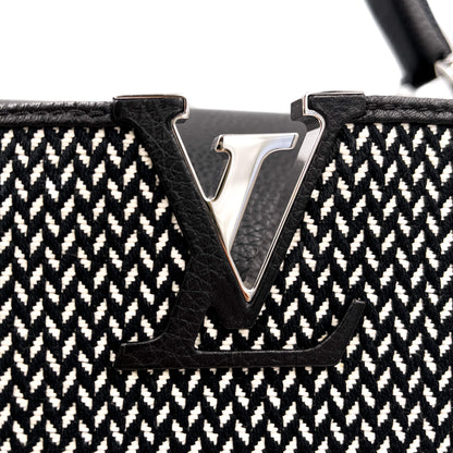 Second hand Louis Vuitton Capucines GM Woven Raffia and Leather Handbag Black & White - Tabita Bags