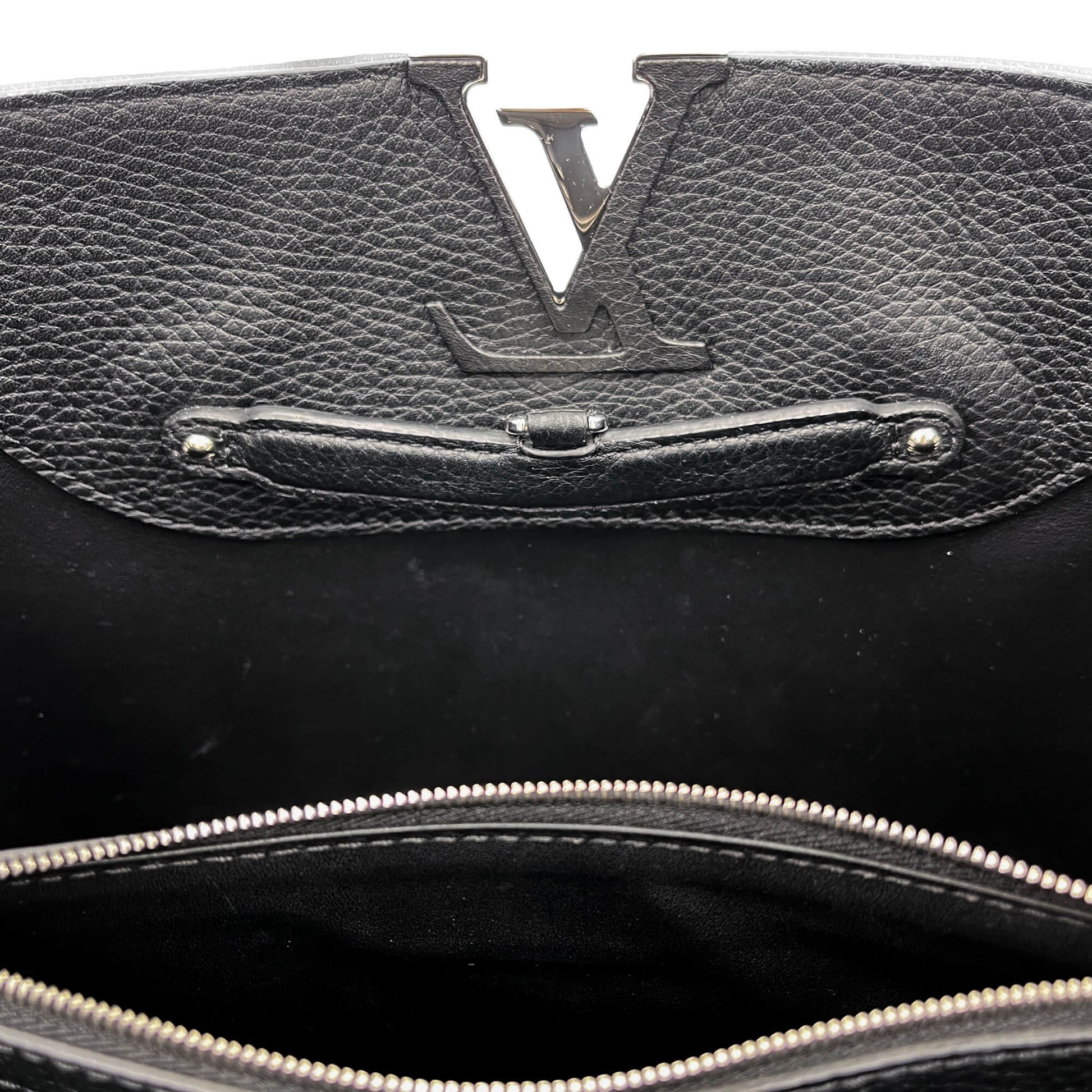 Second hand Louis Vuitton Capucines GM Woven Raffia and Leather Handbag Black & White - Tabita Bags