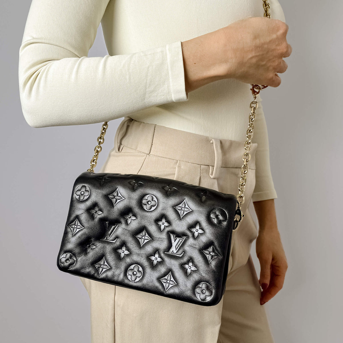 Second hand Louis Vuitton Coussin Pochette Embossed Monogram Leather 3 - Ways Messenger Crossbody Black - Tabita Bags