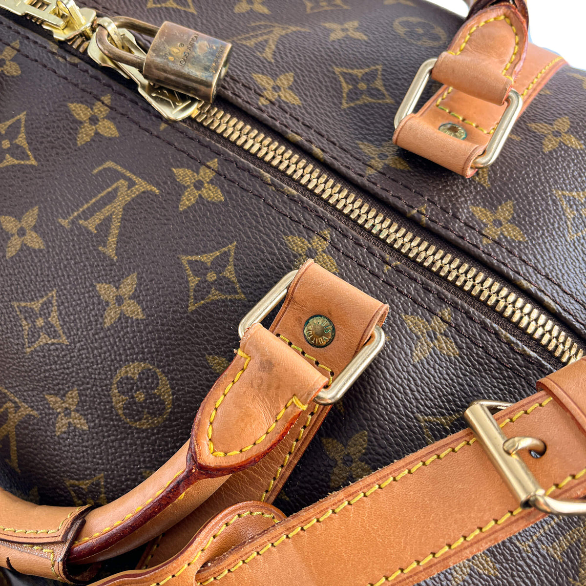 Second hand Louis Vuitton Keepall 60 Canvas Weekender Shoulder Bag Brown - Tabita Bags