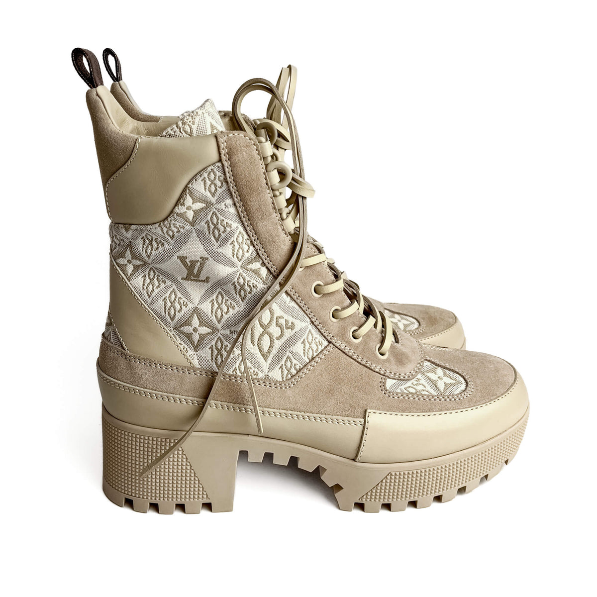 Second hand Louis Vuitton Laureate Suede & Jacquard Platform Boots 39 Beige - Tabita Bags