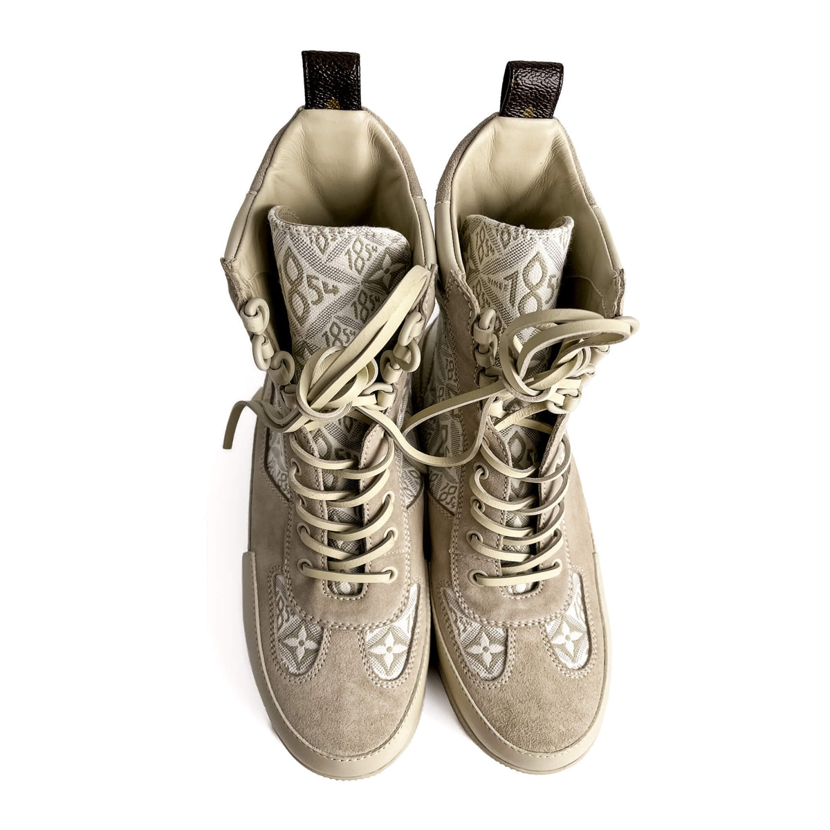 Second hand Louis Vuitton Laureate Suede & Jacquard Platform Boots 39 Beige - Tabita Bags