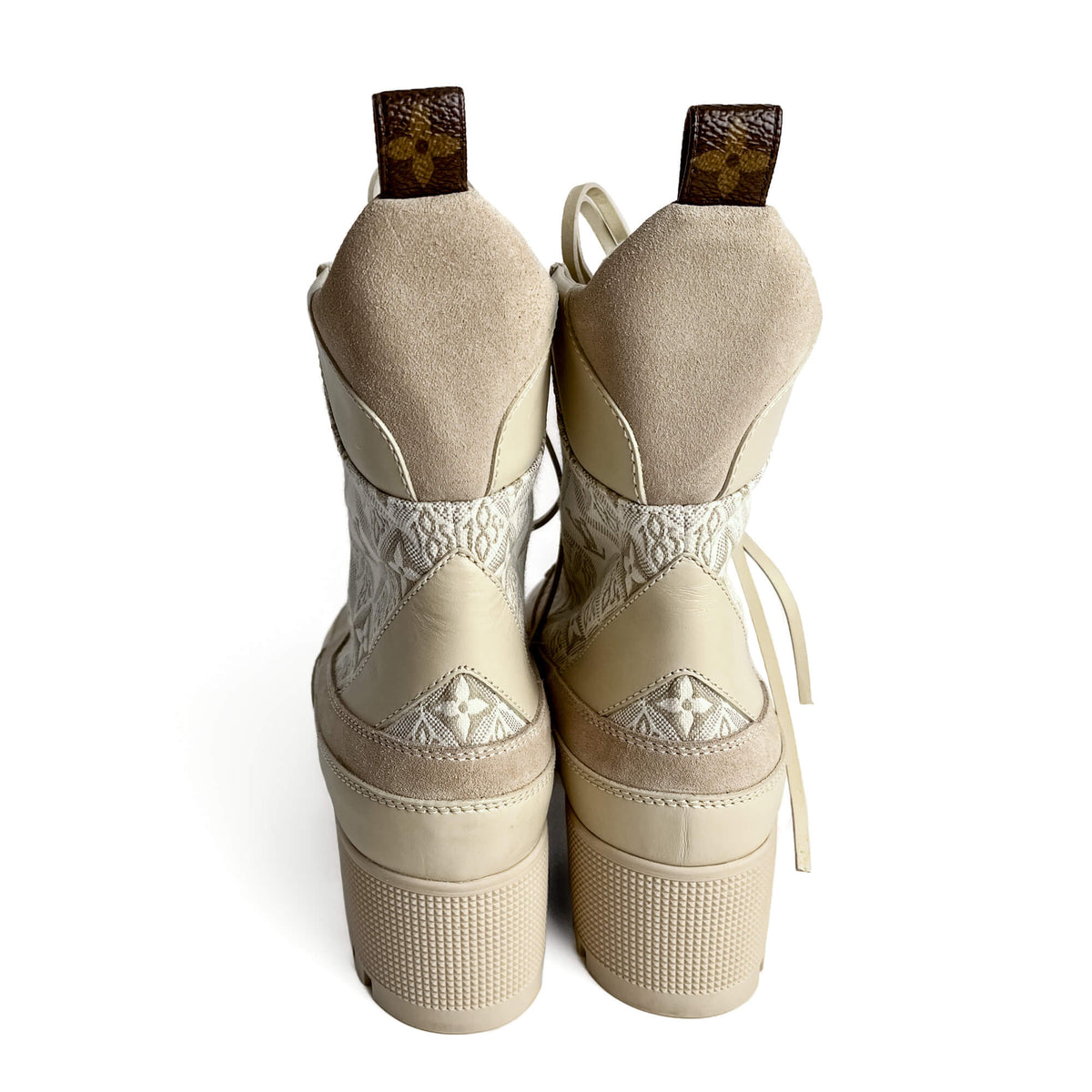 Second hand Louis Vuitton Laureate Suede & Jacquard Platform Boots 39 Beige - Tabita Bags