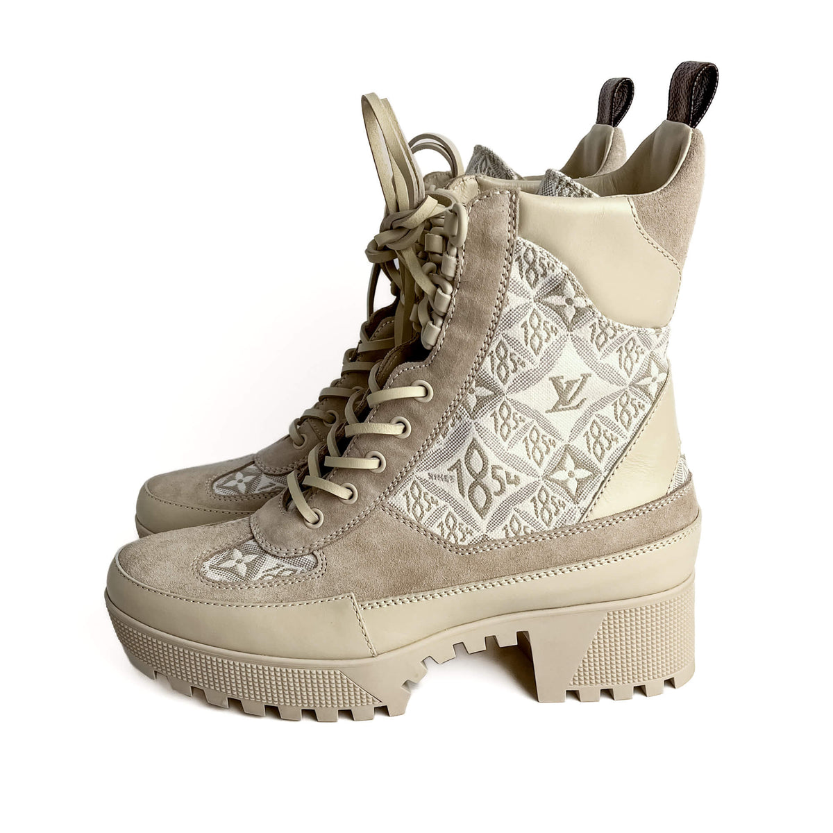 Second hand Louis Vuitton Laureate Suede & Jacquard Platform Boots 39 Beige - Tabita Bags