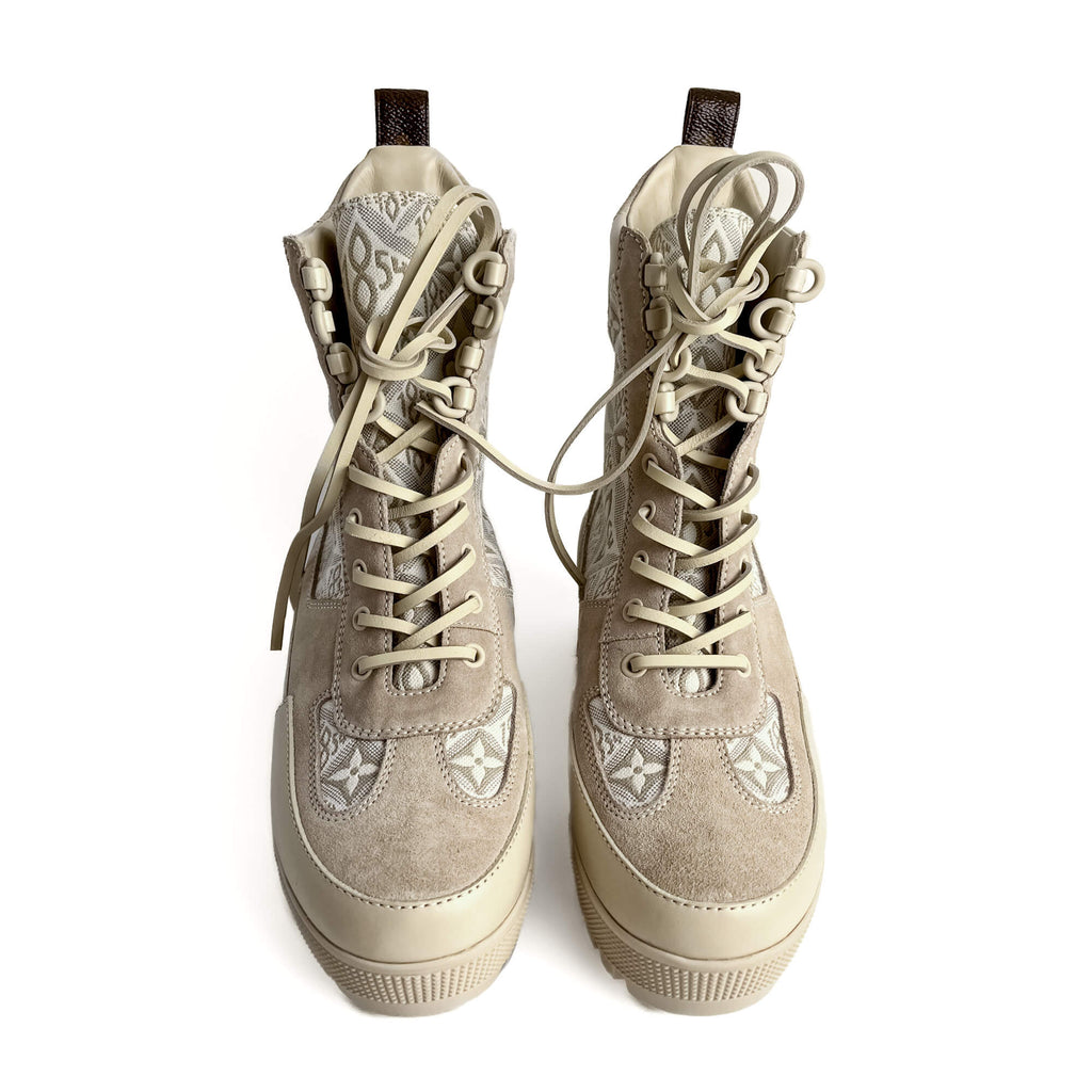 Second hand Louis Vuitton Laureate Suede & Jacquard Platform Boots 39 Beige - Tabita Bags