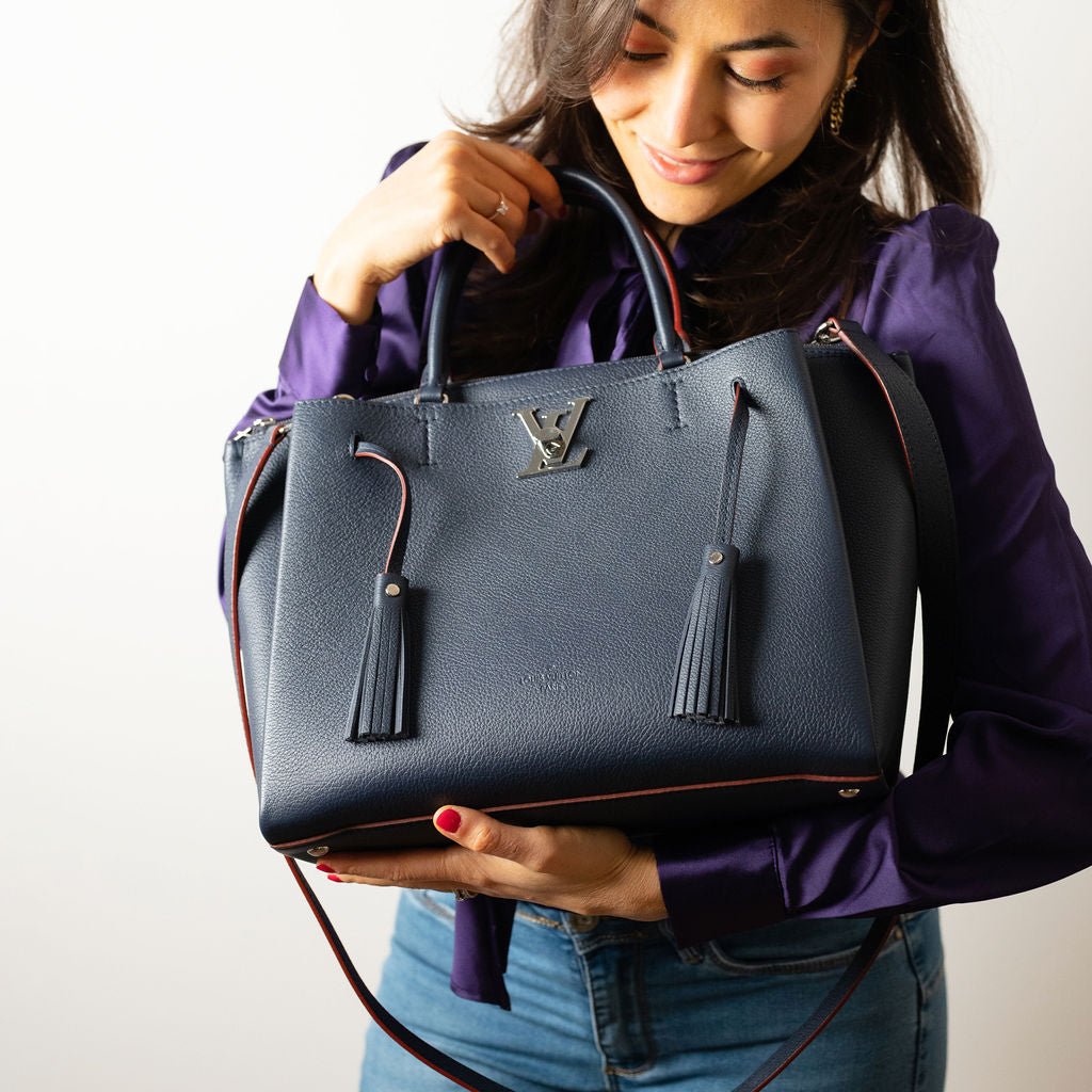 Second hand Louis Vuitton LockMeTo Calfskin Grained Leather 2 - Ways Tote Bag Navy - Tabita Bags