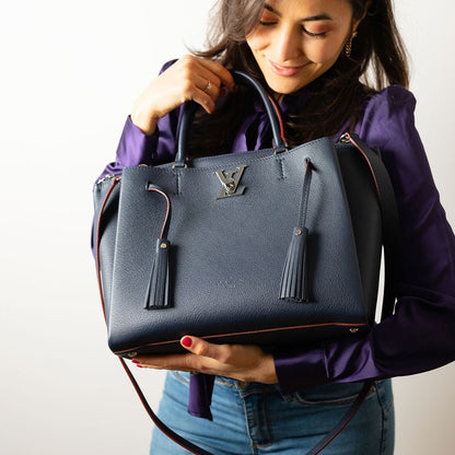 Second hand Louis Vuitton LockMeTo Calfskin Grained Leather 2 - Ways Tote Bag Navy - Tabita Bags