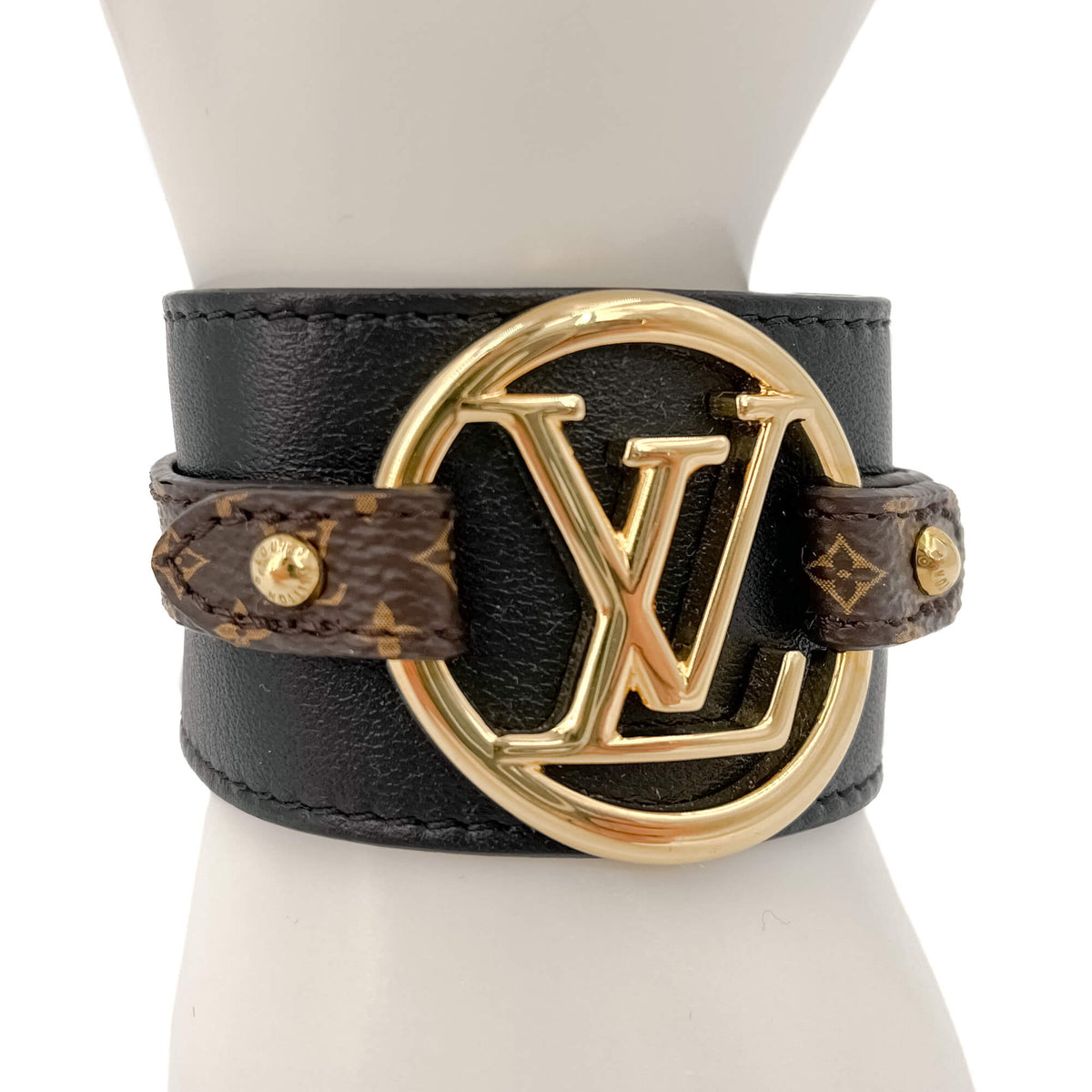 Second hand Louis Vuitton Louise Leather & Fabric Bracelet 17 Black - Tabita Bags