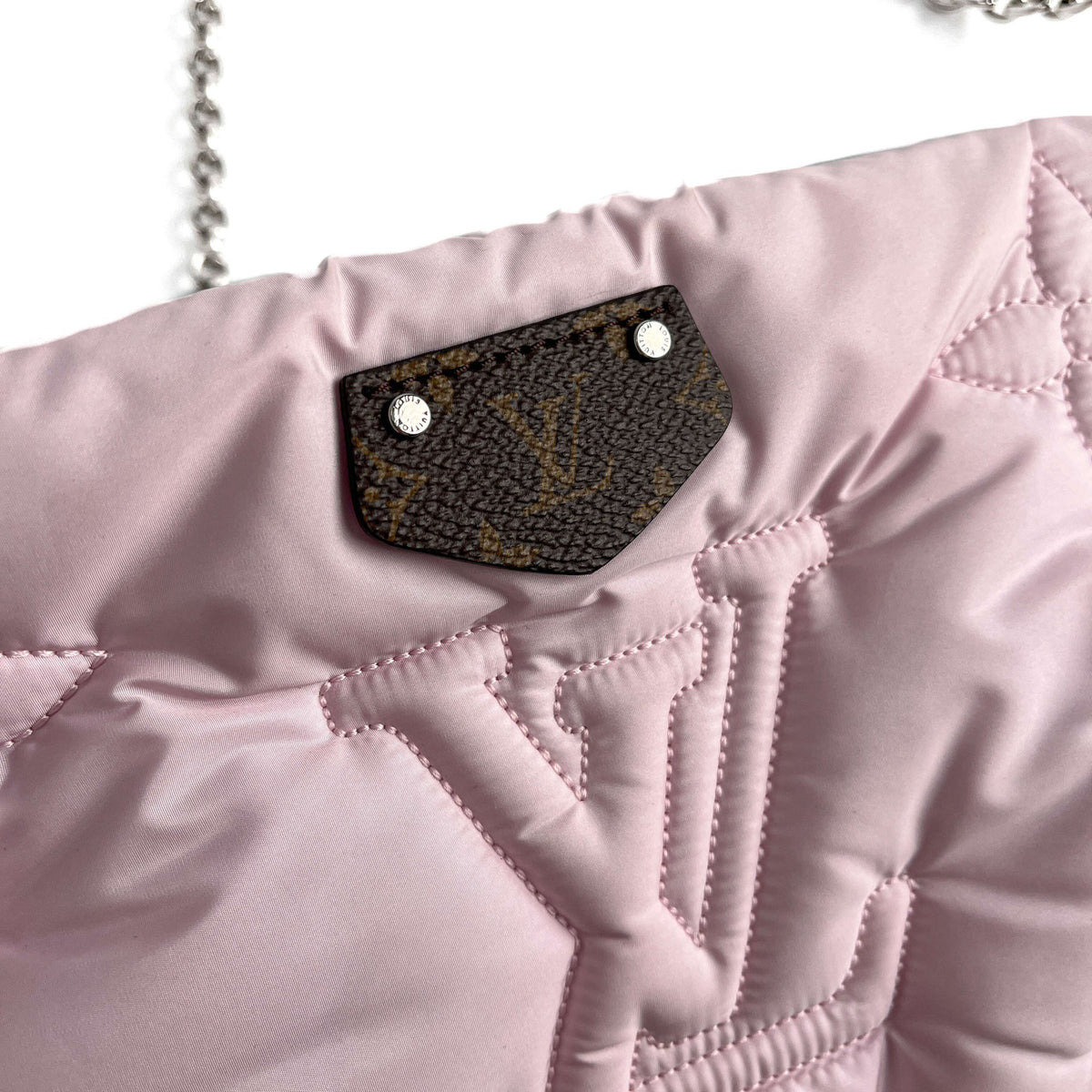 Second hand Louis Vuitton Maxi Multi Pochette Embossed Monogram Econyl Nylon 2 - Ways Pouch Crossbody Silver & Pink - Tabita Bags