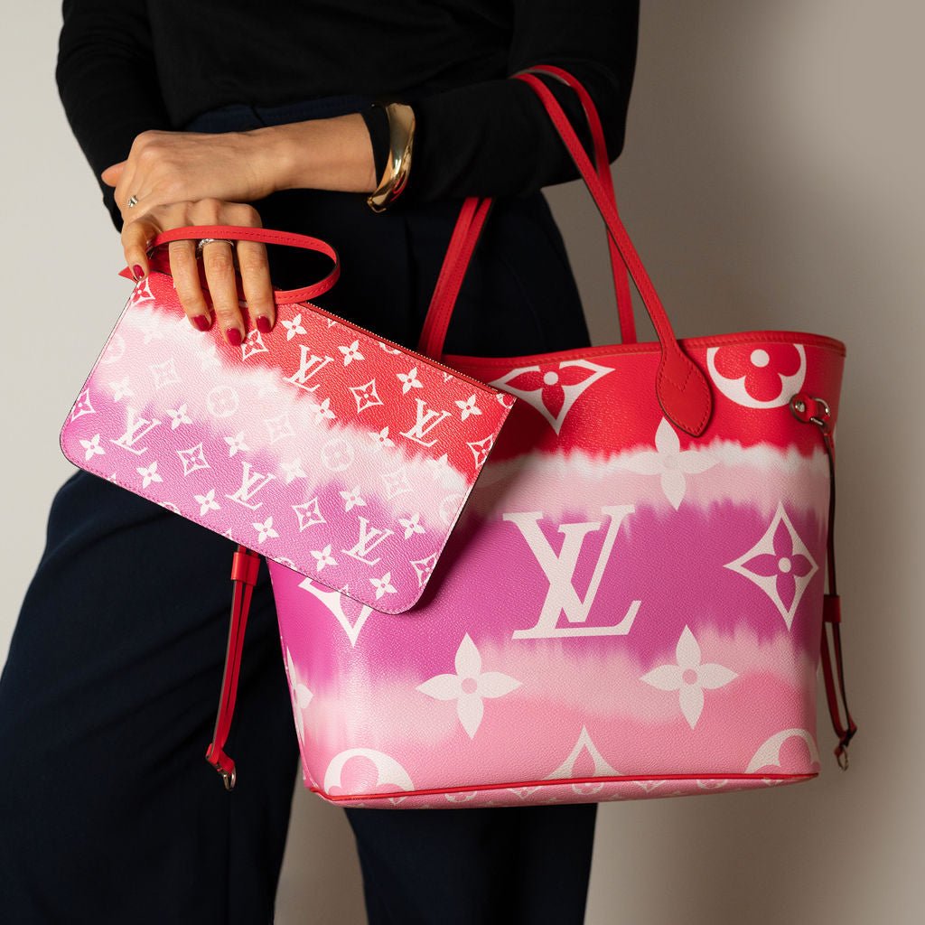 Second hand Louis Vuitton Neverfull MM Canvas Escale Monogram Giant Shoulder Bag Red & Pink - Tabita Bags