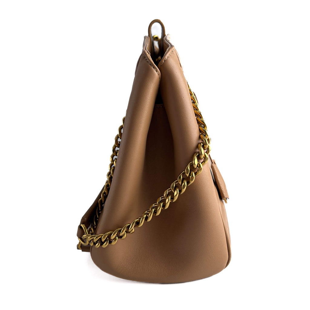 Second hand Louis Vuitton New Wave Chain Smooth Calfskin Leather Quilted Tote Shoulder Bag Noisette - Tabita Bags
