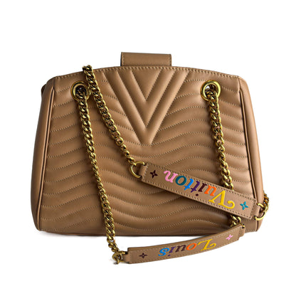 Second hand Louis Vuitton New Wave Chain Smooth Calfskin Leather Quilted Tote Shoulder Bag Noisette - Tabita Bags