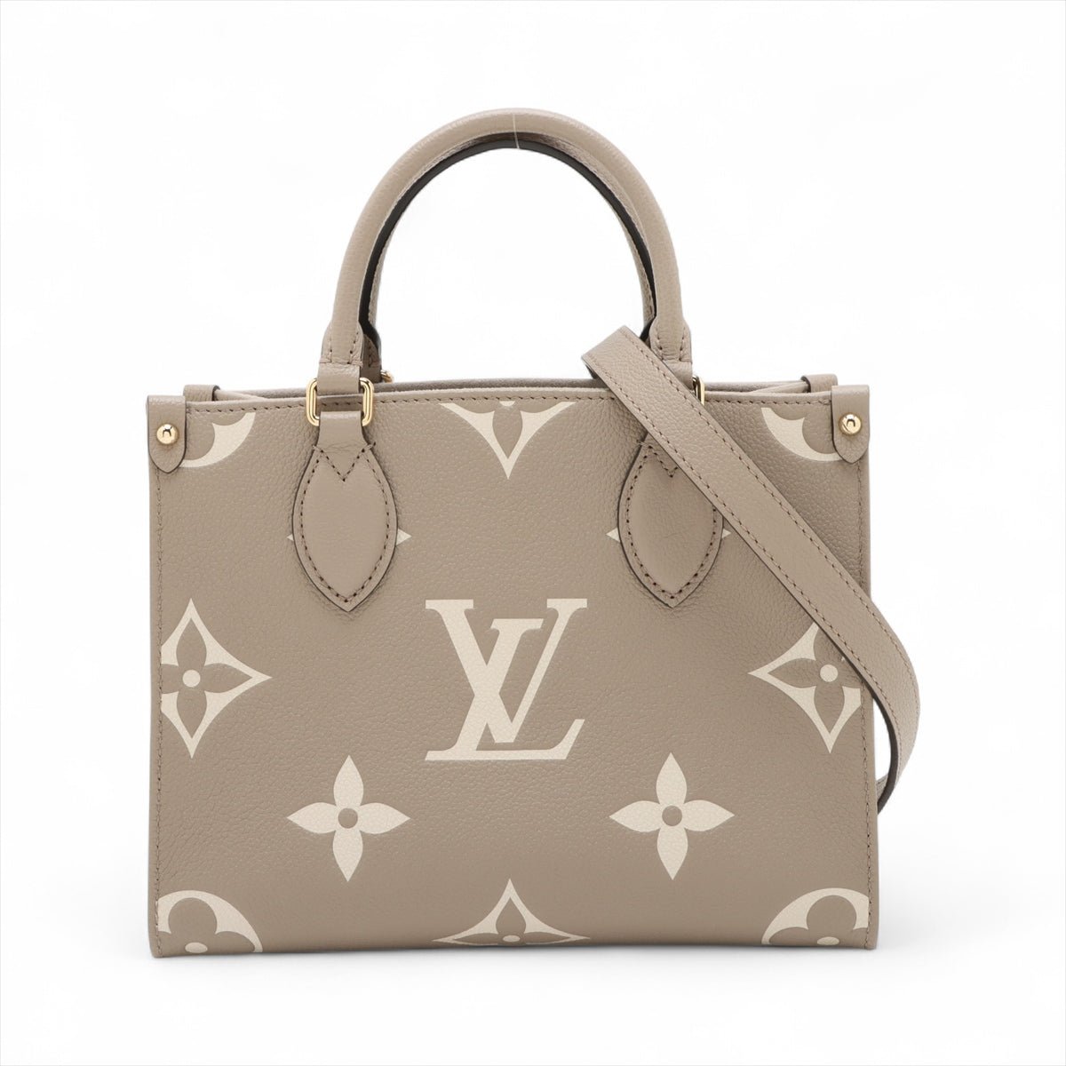 Second hand Louis Vuitton Onthego PM Calfskin Grained Leather Empreinte Tote Shoulder Bag Beige - Tabita Bags