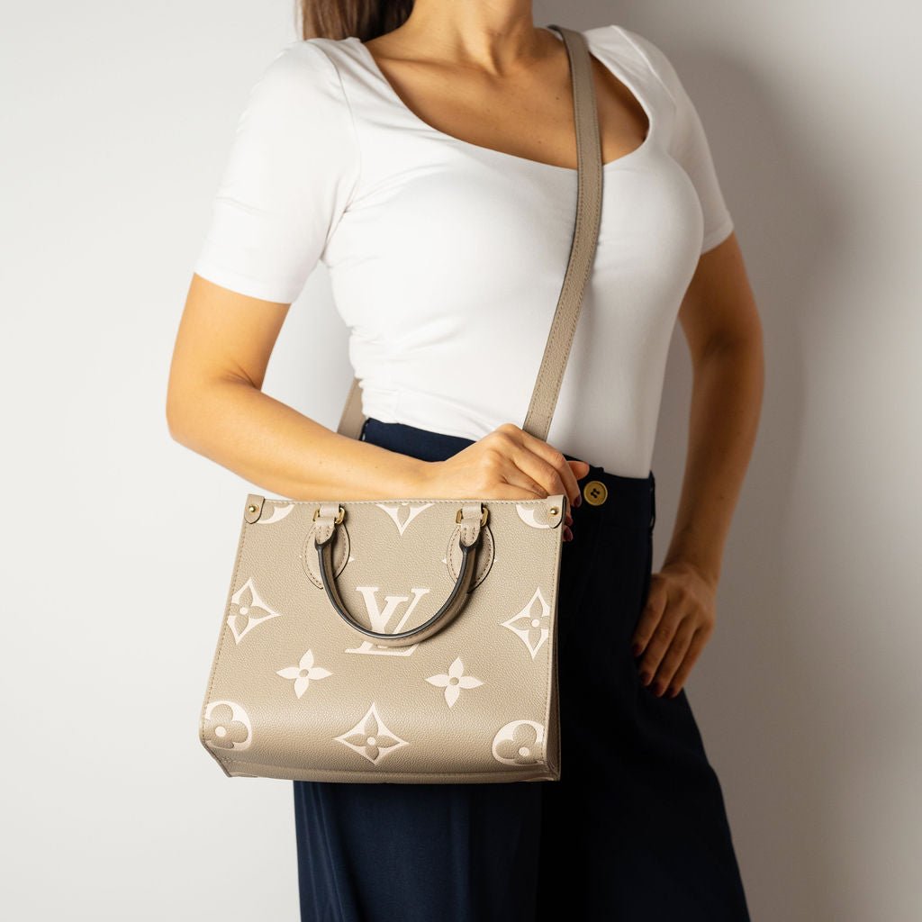 Second hand Louis Vuitton Onthego PM Calfskin Grained Leather Empreinte Tote Shoulder Bag Beige - Tabita Bags